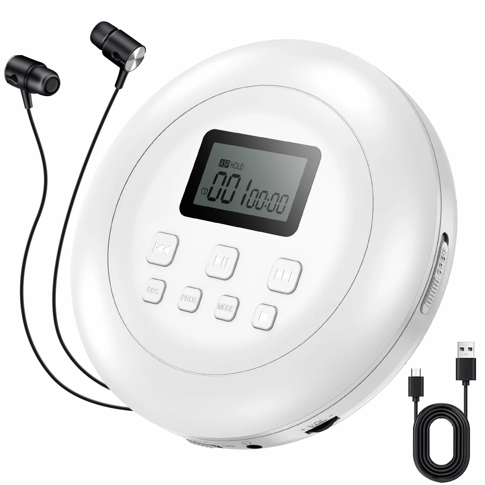 Gueray Reproductor de CD Portátil con Auriculares Pantalla LCD Protección Anti-Salto Reproductor de CD Personal HiFi Classic CD Reproductor de Música Memoria (Blanco)
