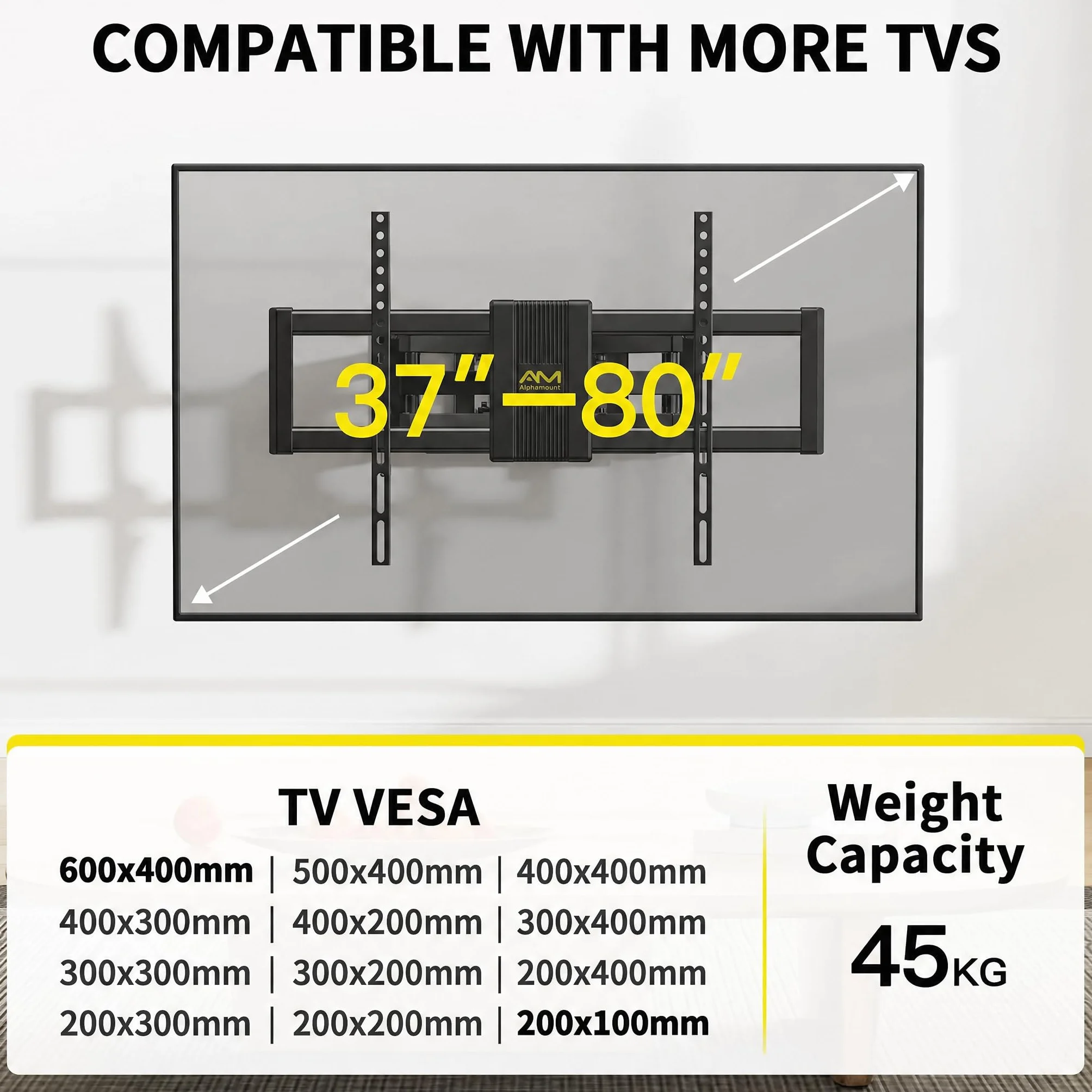 Alphamount Soporte TV Pared Movimiento Completo 37-80 Pulgadas VESA 600x400 mm 45 kg APLF6