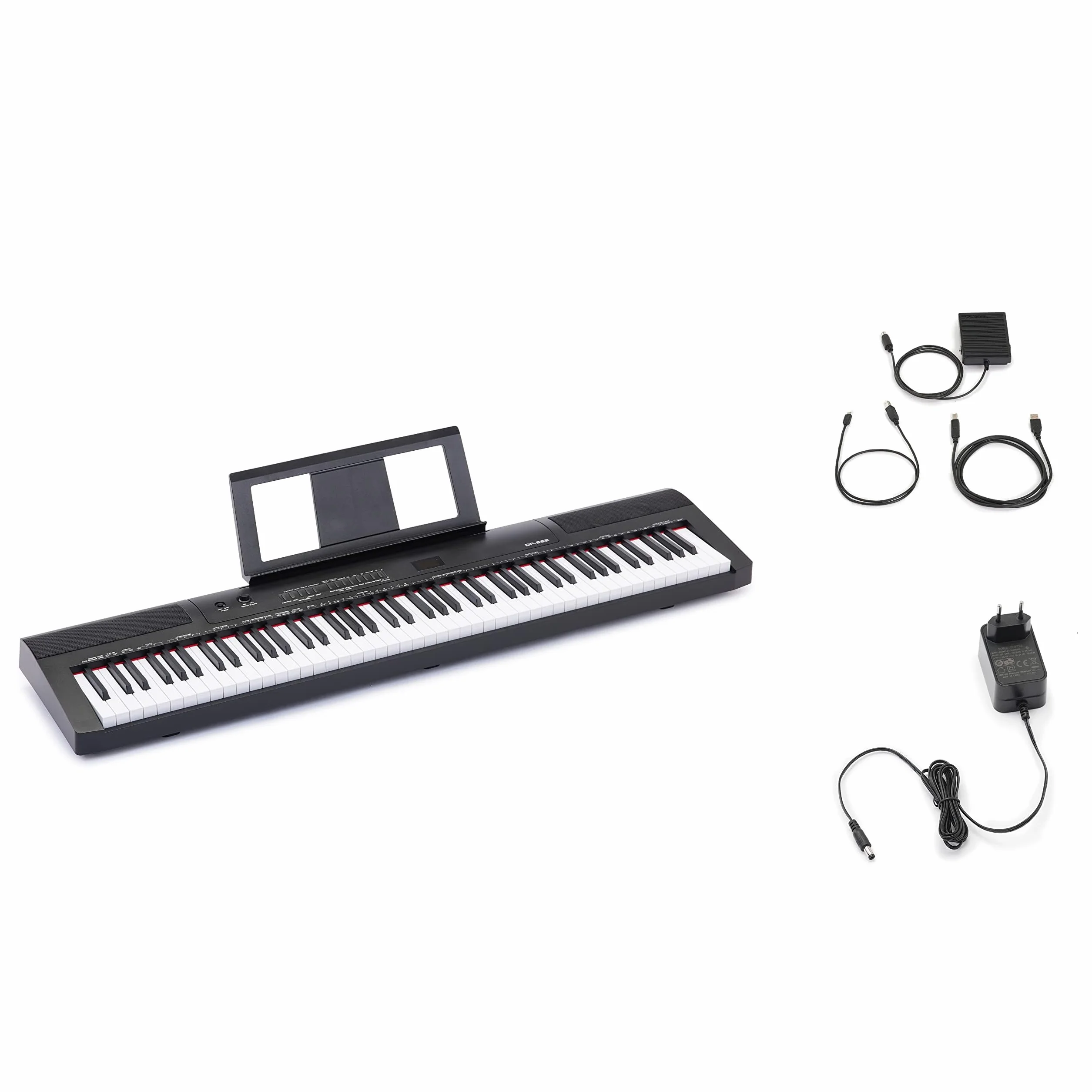 Amazon Basics Piano Digital Portátil de 88 Teclas Semicontrapesadas con Pedal de Sustain, 2 Altavoces, 140 Timbres, 200 Ritmos, 16 Canciones de Demostración, Metrónomo, Modo Lección - Negro