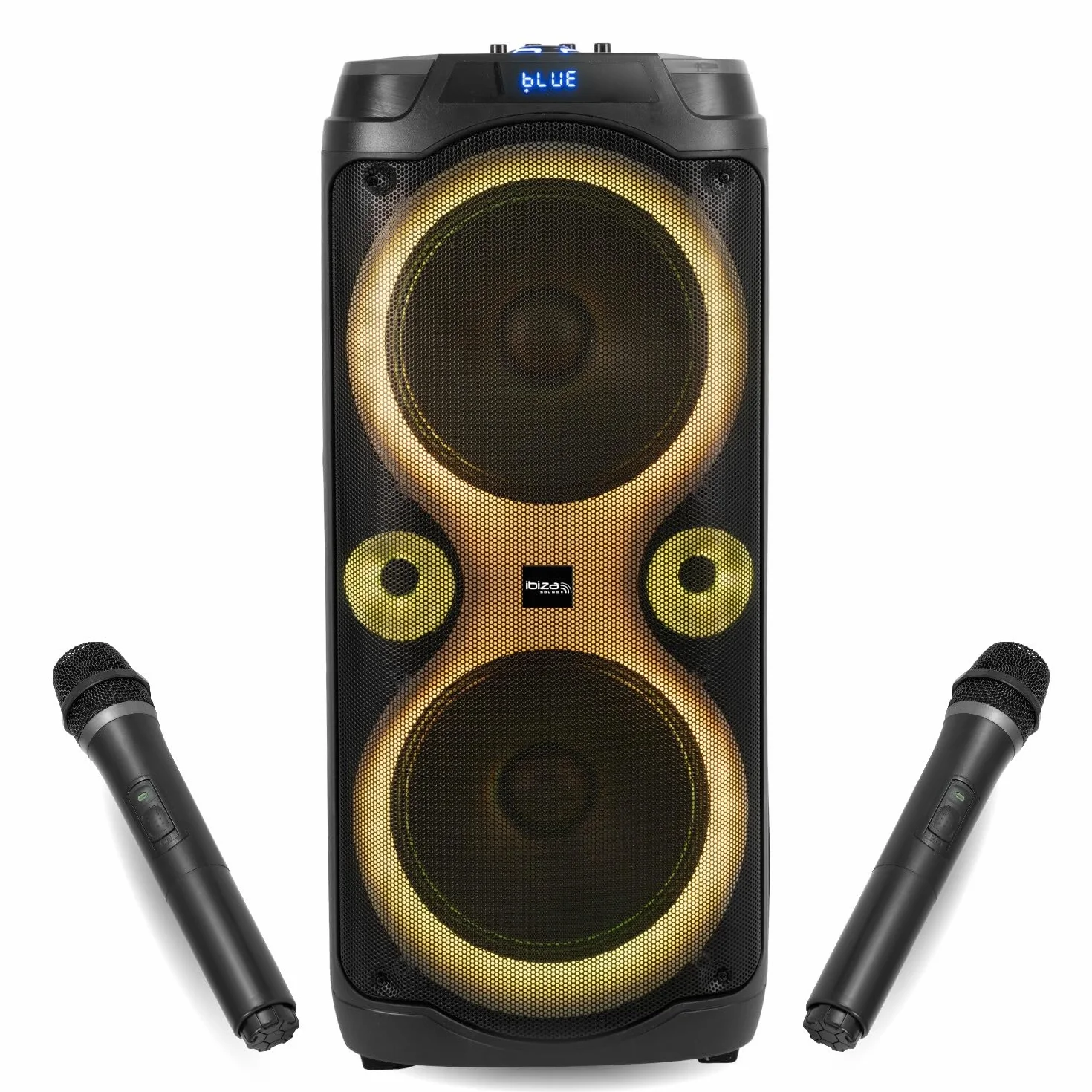 Ibiza Sound - Pack de altavoz Karaoke (1000 W, Bluetooth TWS, 1000 W, 2 micrófonos inalámbricos, 2 efectos de luz giratoria, noche