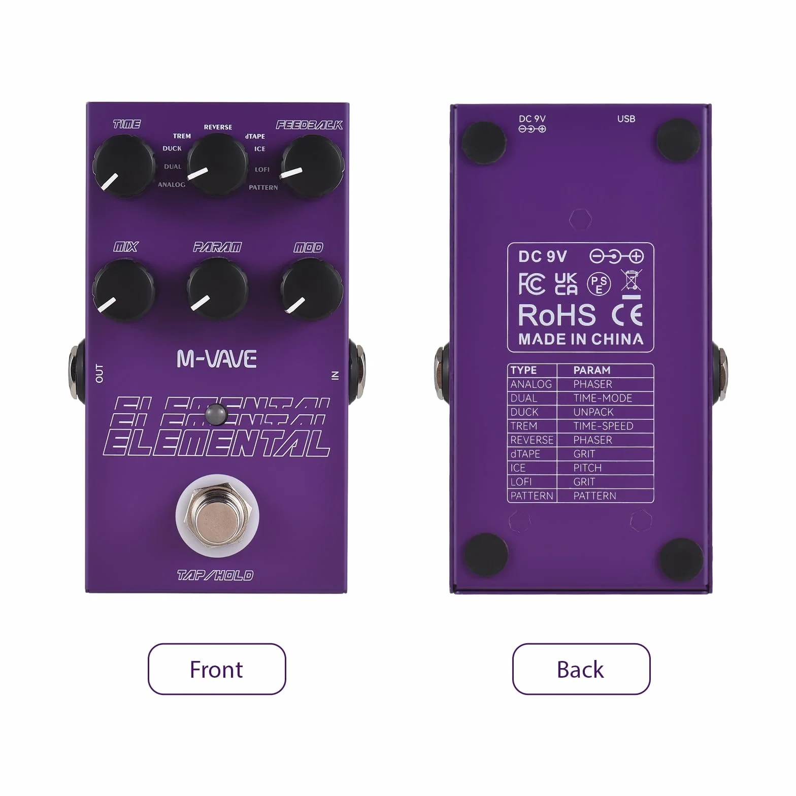 Efecto de retardo ELEMENTAL - Pedal de efectos de retardo para guitarra, tipo/9 efectos de retardo, tipo/feedback, MIX/PARAM/MOD, botón DC 9 V, interfaz de entrada/salida de 6,35 mm, efecto de