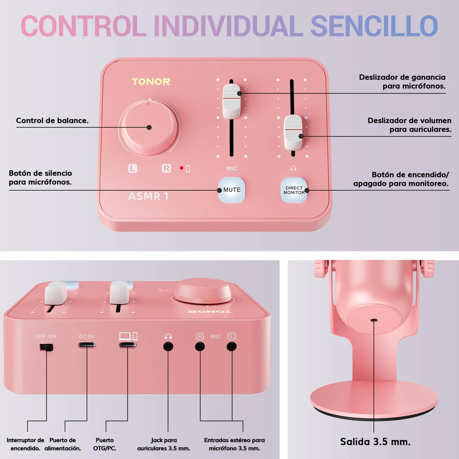 TONOR ASMR Conjunto de Dispos con Interfaz Audio, Micrófono Condensador de Doble Capacitor, Audio 3D Inmersivo, Calidad de Sonido Clara, Volumen Control, para Creación/Grabación/Podcast, Rosa