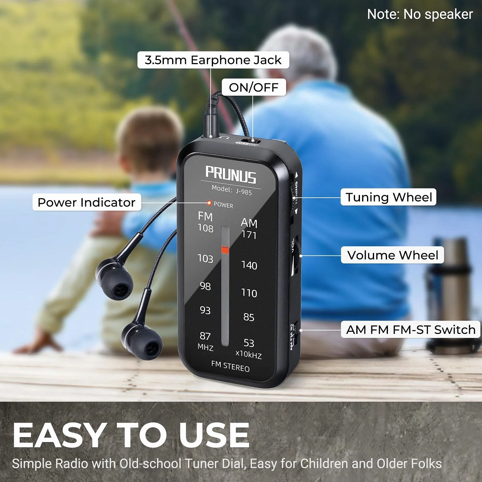 PRUNUS J-985 Transistores Radio Bolsillo FM/Am, Radio Portatil Pequeña con Auriculares (Estéreo en Modo de FM-ST), Radio Pilas Pequeña Funciona con 2 Pilas AAA, Clip Trasero, para caminar y Viajar.