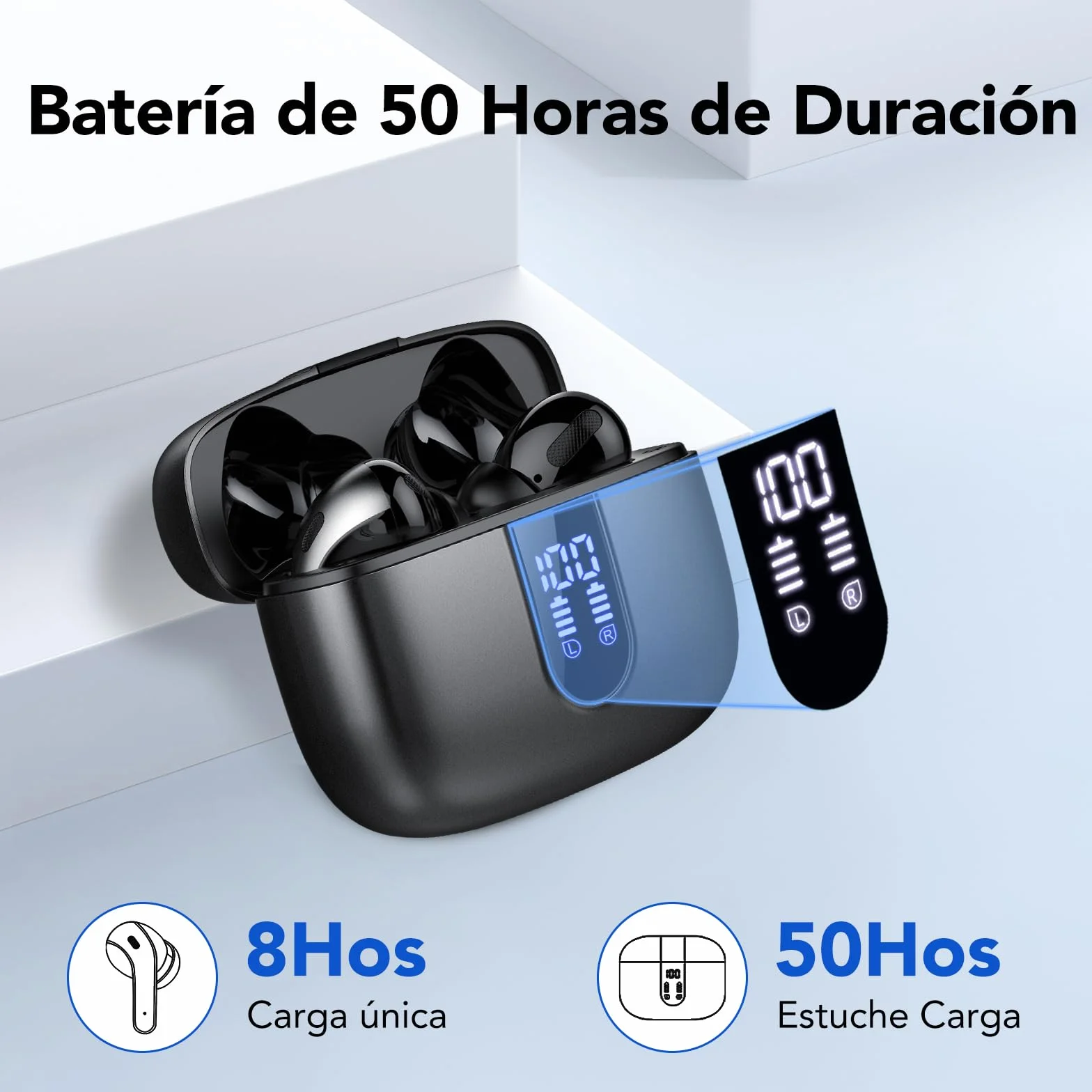 Auriculares Inalámbricos Bluetooth 5.3, 4 Mic ENC Reducción de Ruido, 50H Graves, IP7 Impermeable, Carga Rápida USB-C