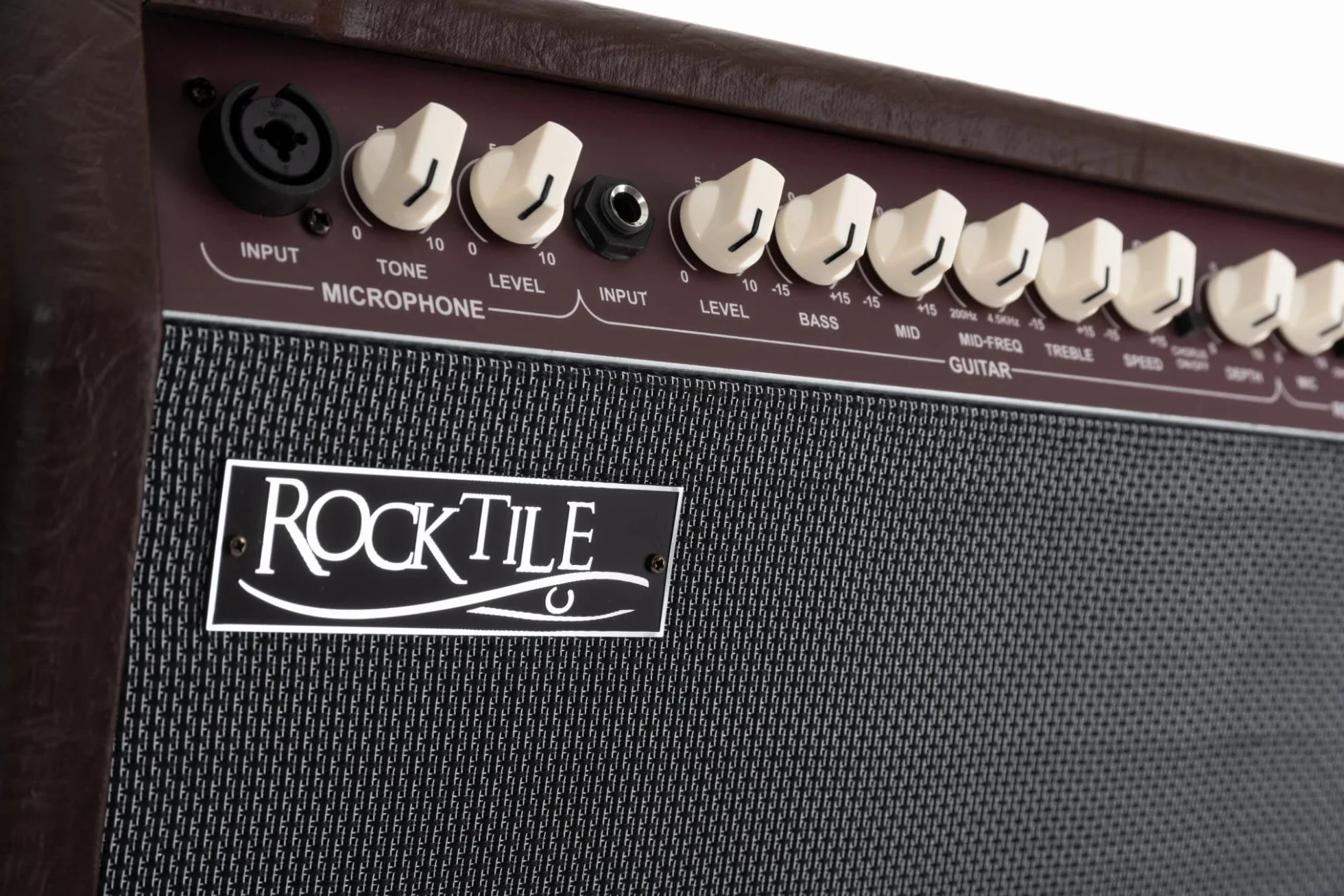 Rocktile AA-60 BN Eric Amplificador Acústico 60W, 2 Canales (micrófono y Guitarra), 2 Altavoces 10" + tweeters 2,5", Entrada AUX, Salida línea, Efectos Chorus y reverberación, marrón.