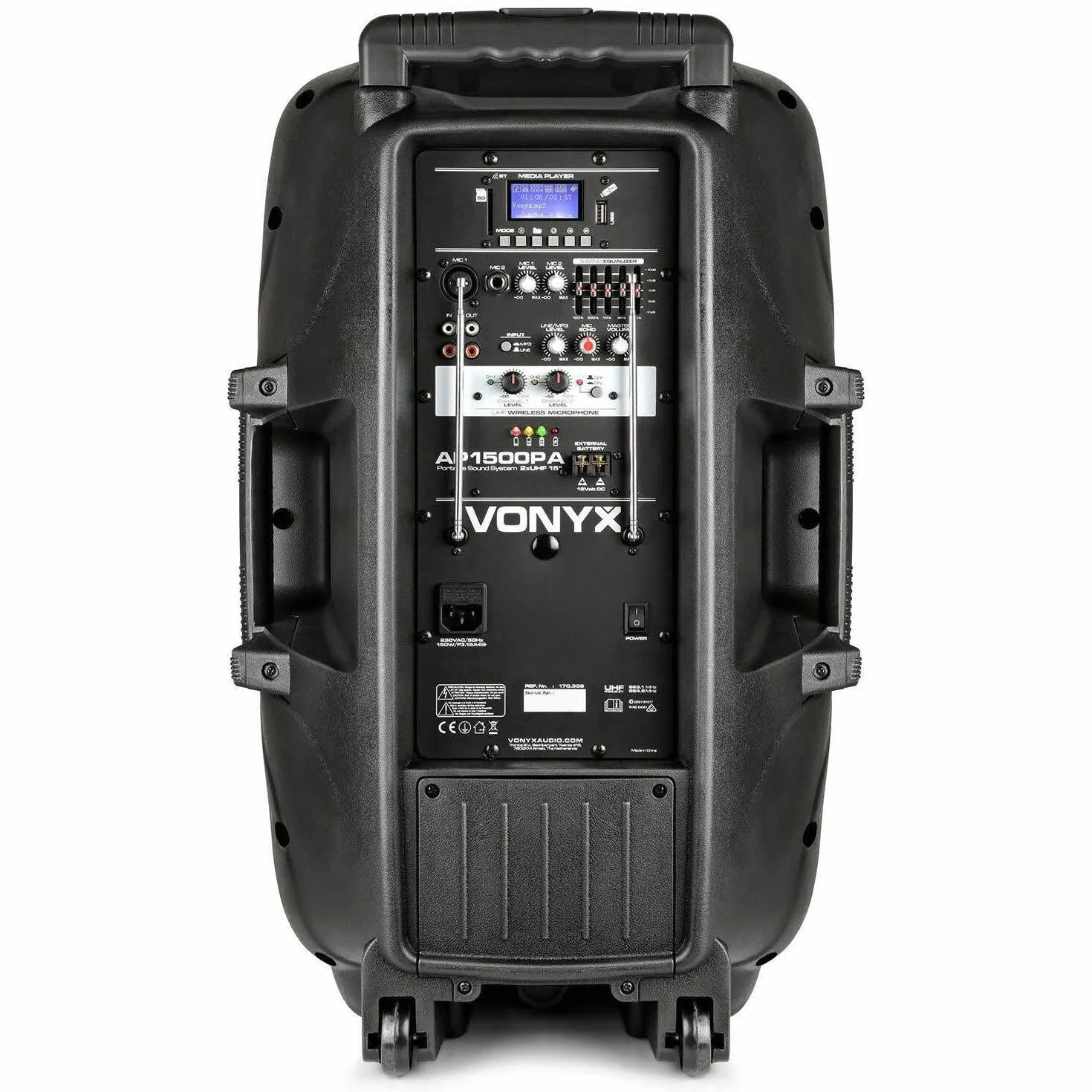 Vonyx AP1500PA – Altavoz Bluetooth Grande Potente 15" 800W con micrófono con Cable, micrófono inalámbrico UHF y petaca UHF con Micro de Solapa o Diadema, batería Recargable y USB