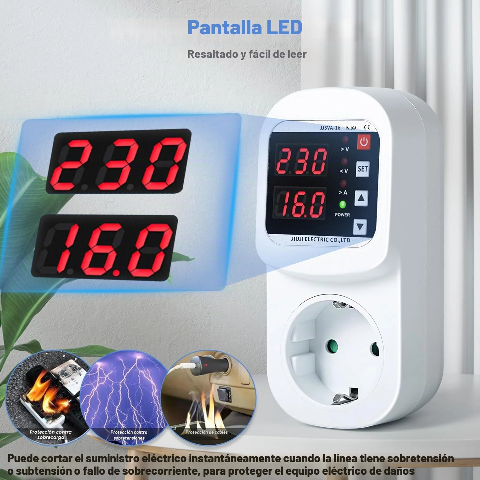 Toma de protección contra sobretensiones y sobretensiones LED ajustable adaptador de toma de protección contra sobretensiones toma de protección contra rayos 220V AC 16A, apagado.