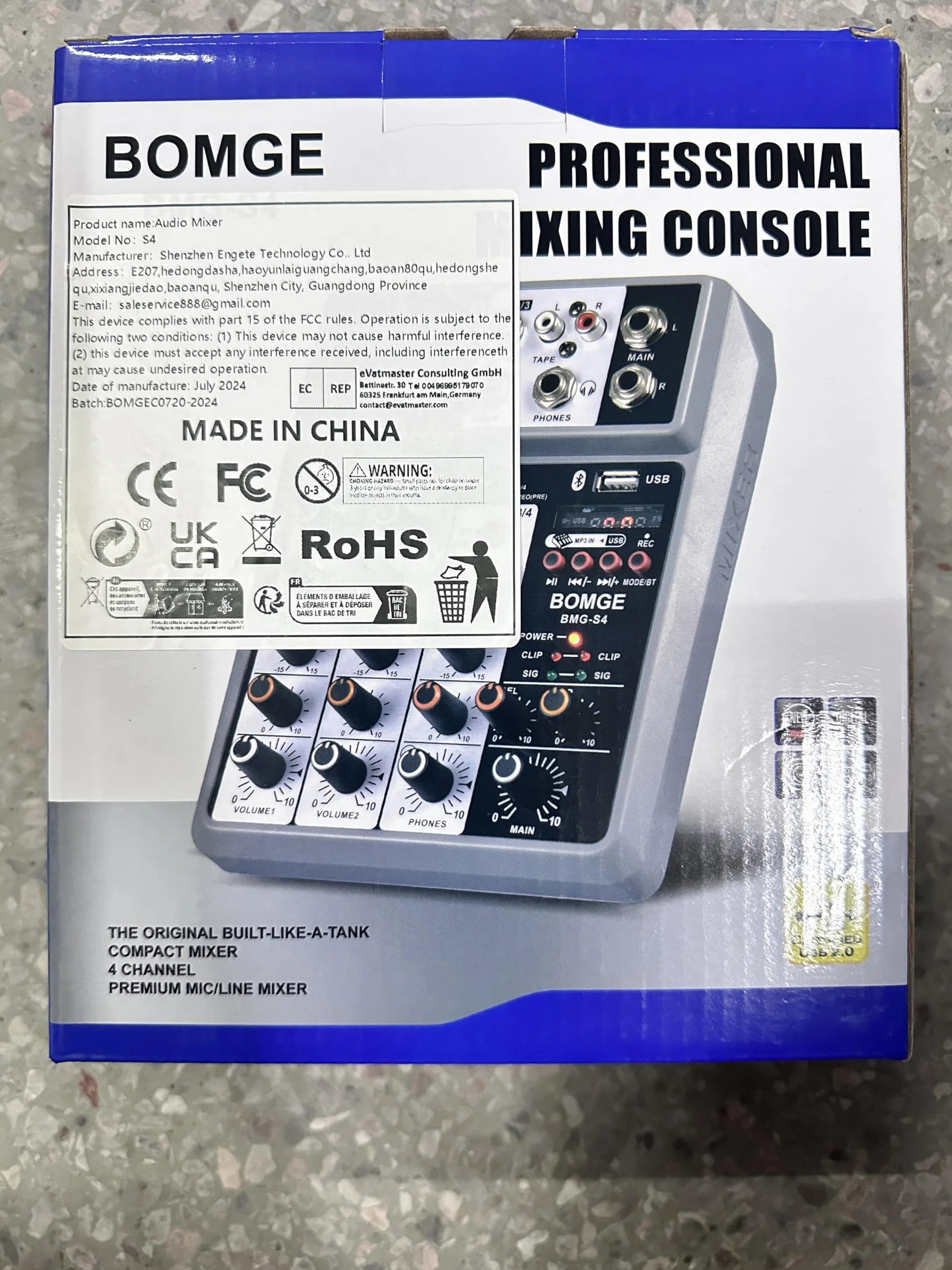 BOMGE Mezclador de audio profesional, consola de mezcla de placa de sonido con 4 canales digitales USB Bluetooth Echo Delay, entrada de 48 V Phantom Power Stereo DJ mezcladores para grabación