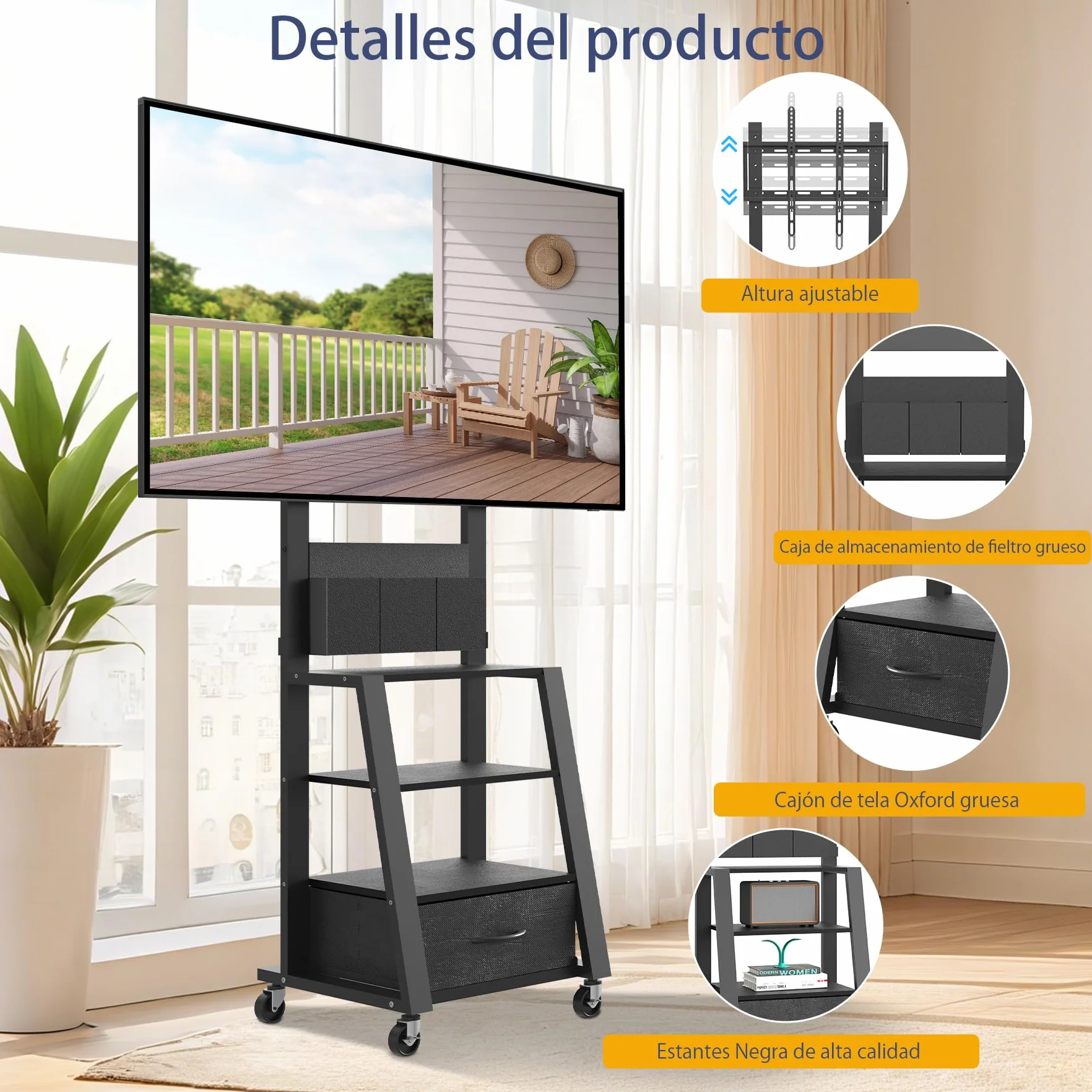 Carrito para TV con soporte móvil, ajustable 23-60", 72kg, VESA 400x400mm, negro