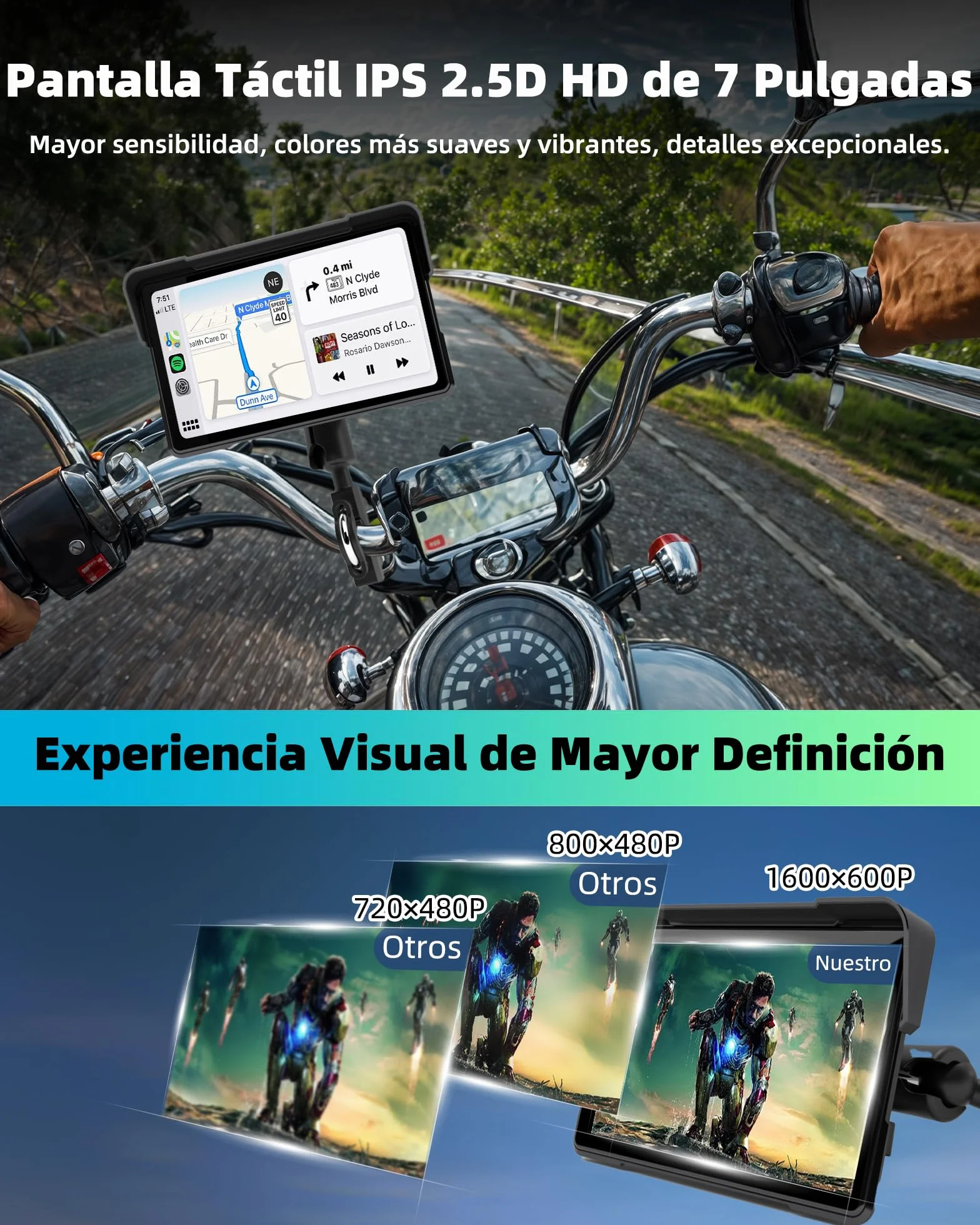 Jansite 7 Pulgadas Carplay Motorcycle GPS Android Auto Navigation con Bluetooth Impermeable IP67