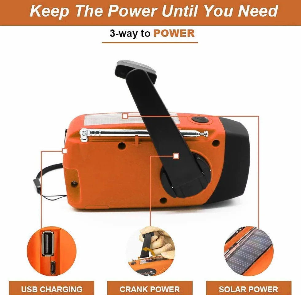 Radio Solar, Radio de manivela portátil Dynamo Radiocon Am/FM, con Linterna LED 2000mAh Recargable de Cuerda para Emergencia, Cargador de teléfono móvil USB para Acampar al Aire 2000 Mah