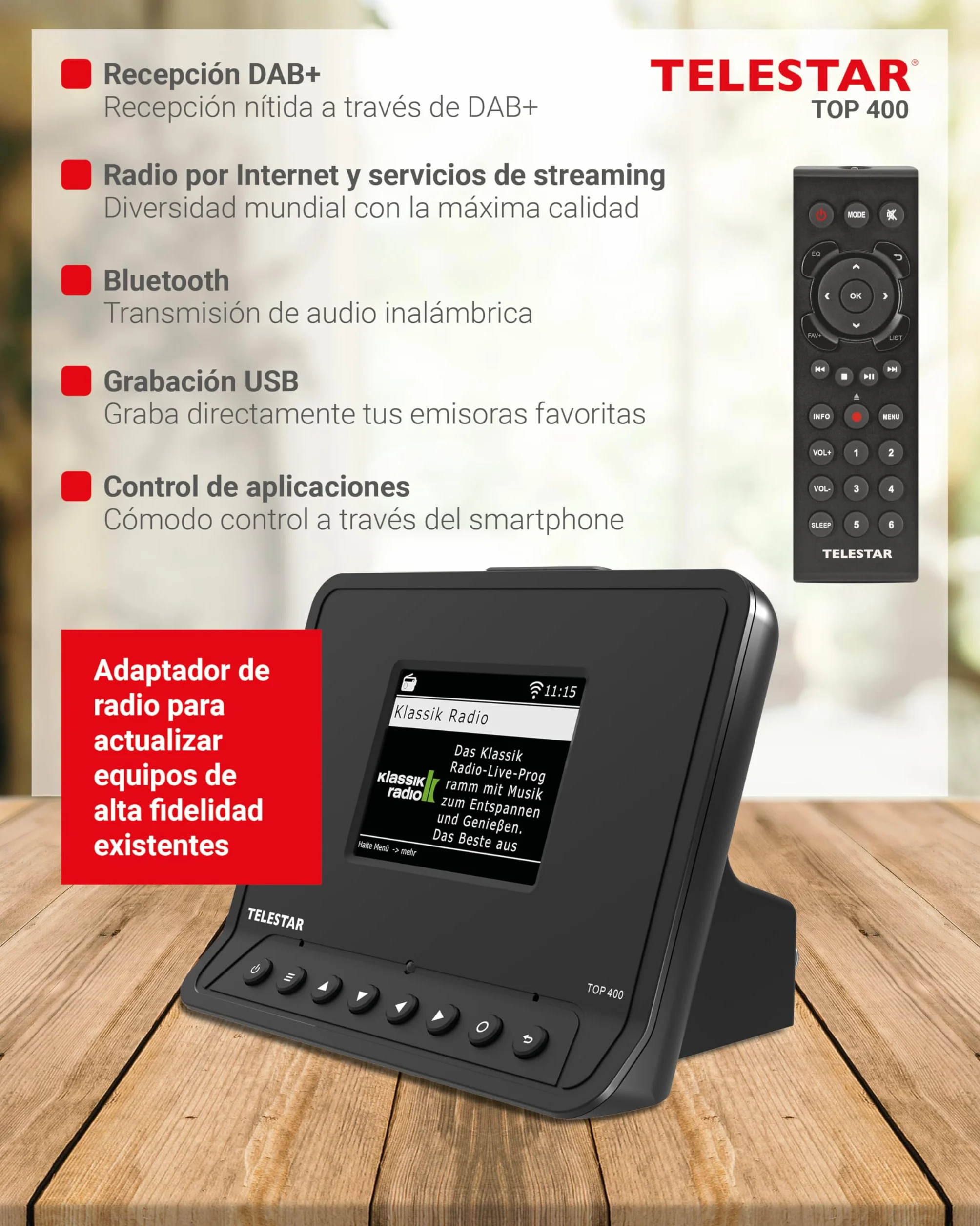 TELESTAR Top 400 – Adaptador HiFi para actualizar Equipos HiFi – Negro | Radio por Internet, DAB+, streaming, Bluetooth audio y transmisión, grabación USB, modo hotel y nocturno
