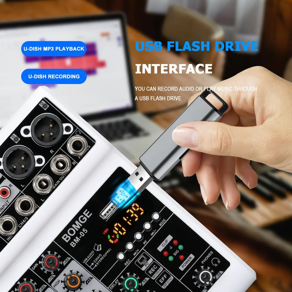 BOMGE Mezclador de audio, consola de mezcla de placa de sonido con 5 canales digitales USB Bluetooth Echo Delay Effect, mezcladores de DJ estéreo con 48V Phantom Power para grabación, transmisión en