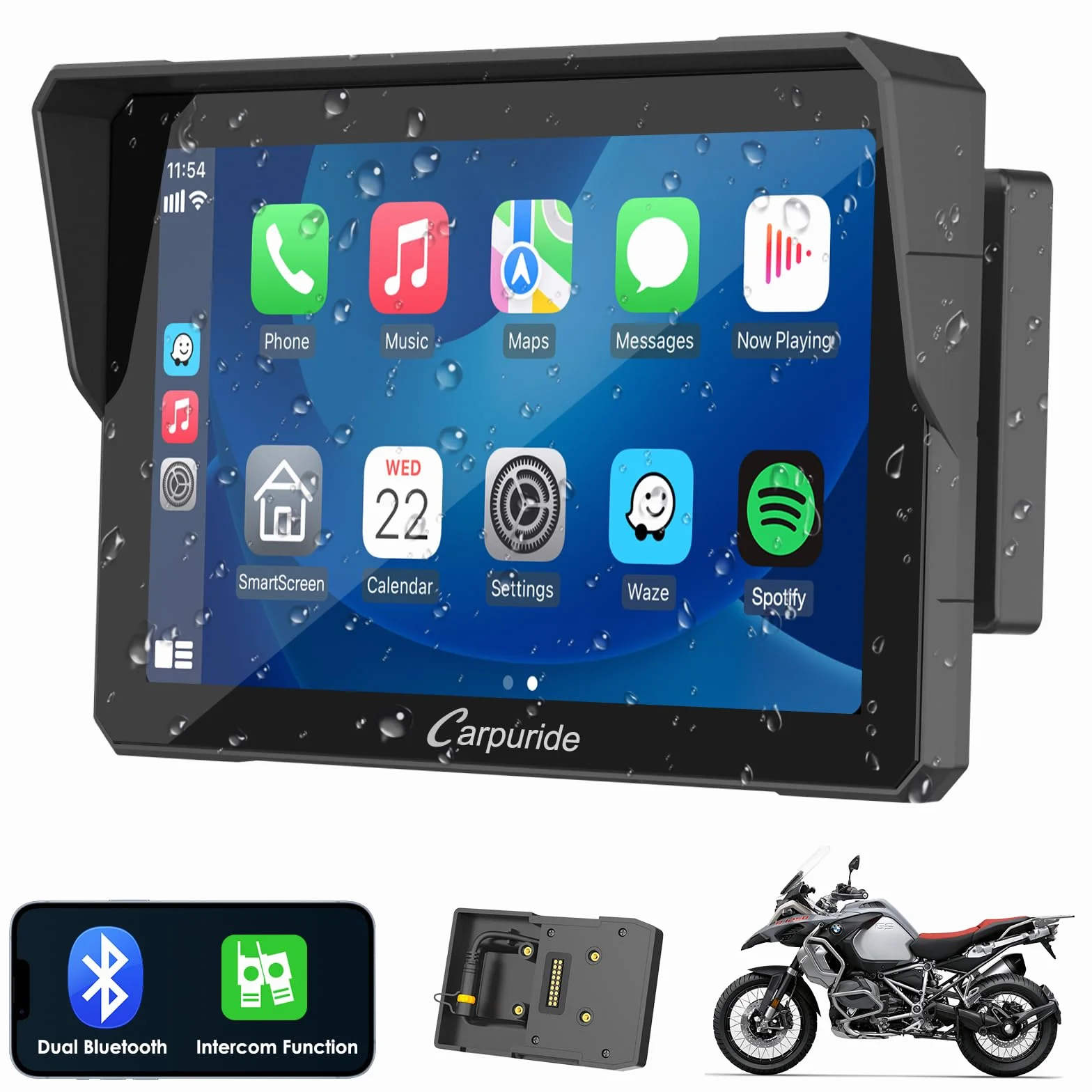 Carpuride W702B Pro Motocicleta Carplay Pantalla, 7" Impermeable Táctil, Inalámbrico CarPlay y Android Auto, Dual Bluetooth, Intercomunicador