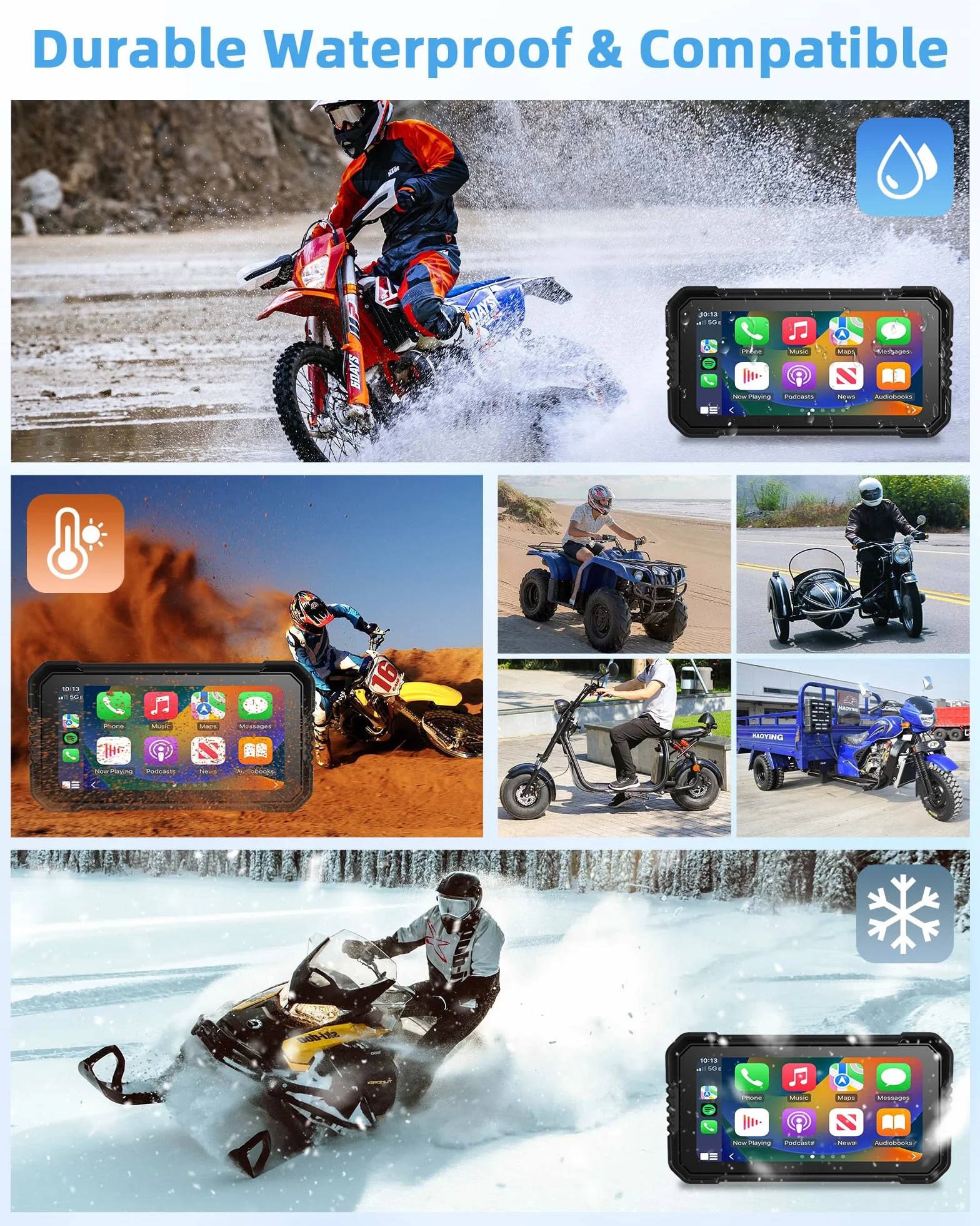 4K Carplay Android Auto 6.25 Pulgadas Pantalla Táctil Dashcam Delantera Trasera GPS IP67 Impermeable Doble Bluetooth Siri Google Assistant
