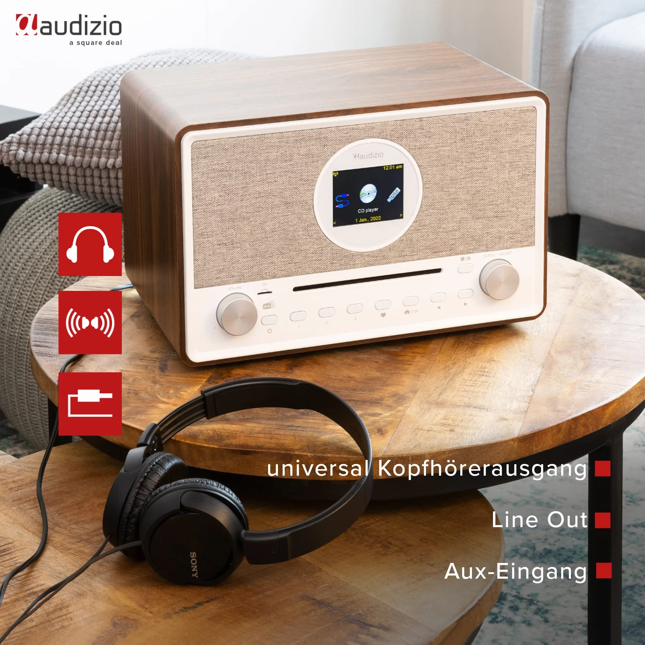 Audizio Lucca Radio Internet con Dab+ y Reproductor CD Acabado en Madera, Bluetooth 5.0, conexión WiFi, conexión USB y Entrada MicroSd, Display de 2,8", función Sleep, Doble Alarma, Mando a Distancia