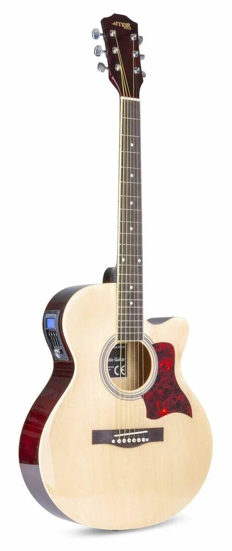 MAX Showkit Guitarra Electroacústica Madera Clara con Cuerdas de Acero de Repuesto, Amplificador, Funda, Afinador, Correa y 2 Púas – Pack Completo Ideal para Principiantes, Ensayos o Regalo