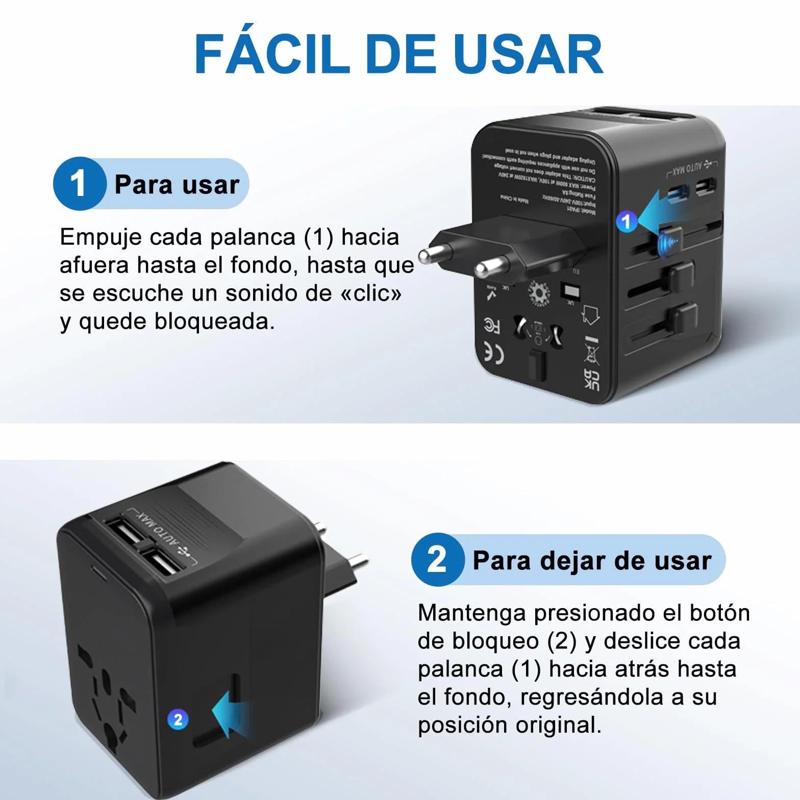 Adaptador Enchufe Universal Adaptador de Viaje con 2 USB-C y 2 USB-A, Enchufe USB Adaptador Universal para EU, UK, Americano, Canadá, Australia,Brasil,Argentina& 200+País