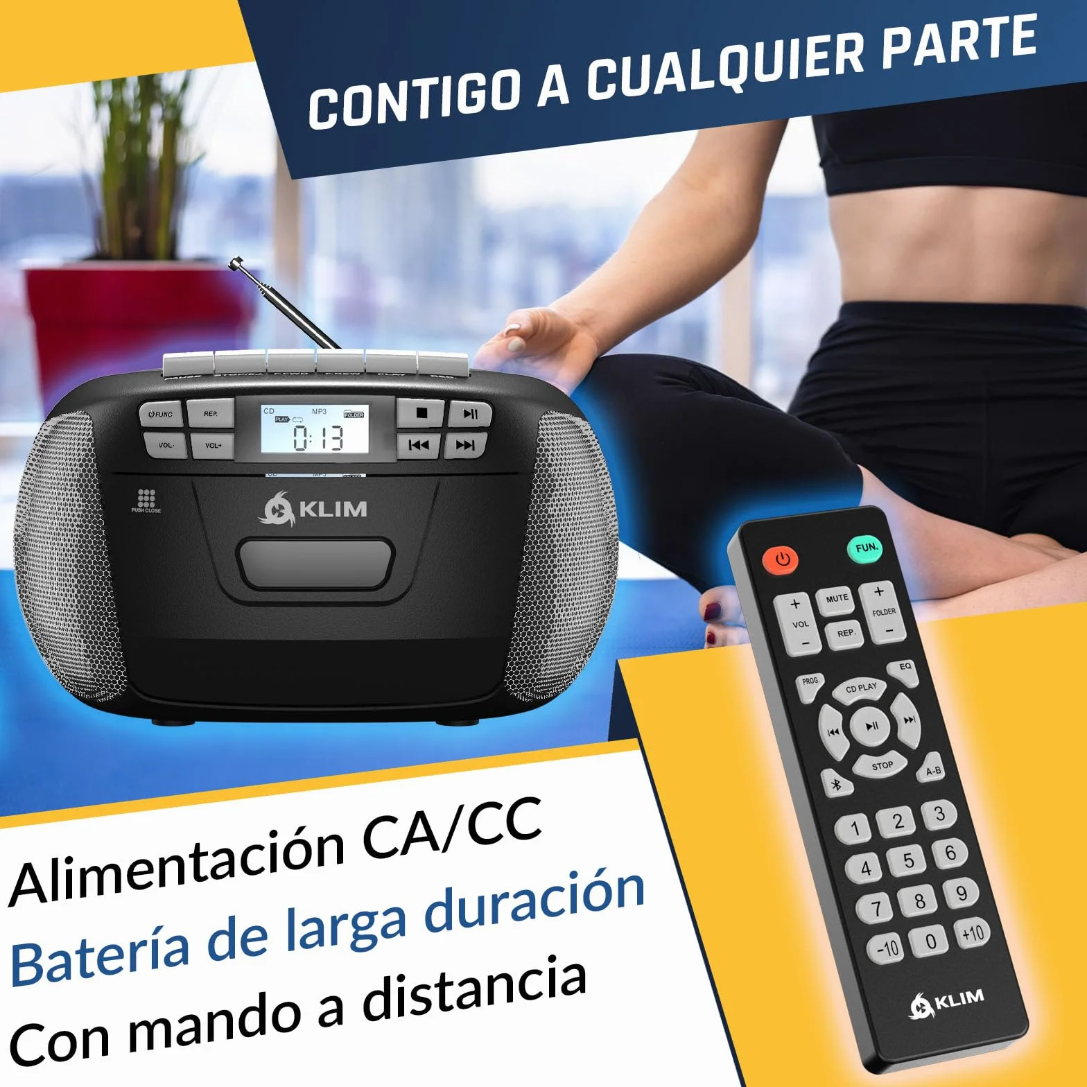 KLIM Reproductor CD Cassette Radio AM/FM Bluetooth Control Remoto Plata