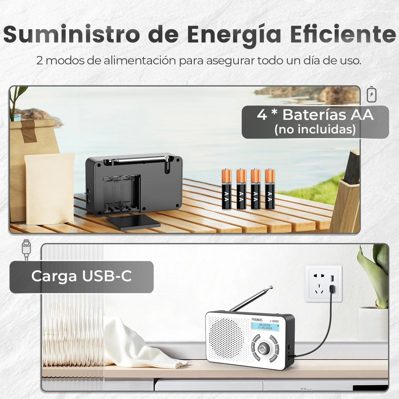 PRUNUS J-408 FM Radio DAB con Bluetooth 5.3, DAB Plus Radio funciona con pilas o batería de 2000 mAh, radio digital con 40 FM y 40 DAB preajustes, toma de auriculares, alarma dual/temporizador de