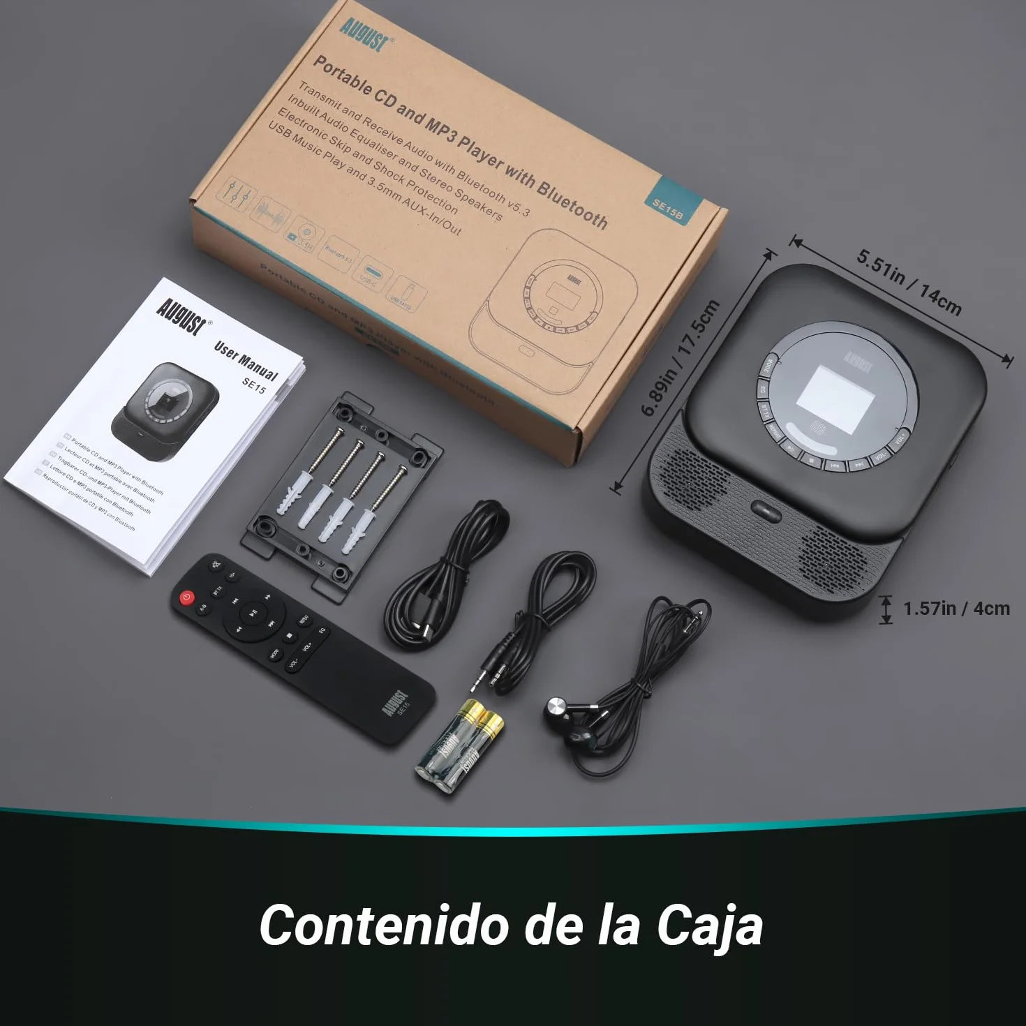 August SE15 Reproductor de CD Portátil con Bluetooth 5.3, USB, AUX In/out, Leitor CD Altavoces Estéreo 6W, Recargable Lector CD, EQ, Antigolpes, Repetición, Montaje en Pared, Auriculares y Mando