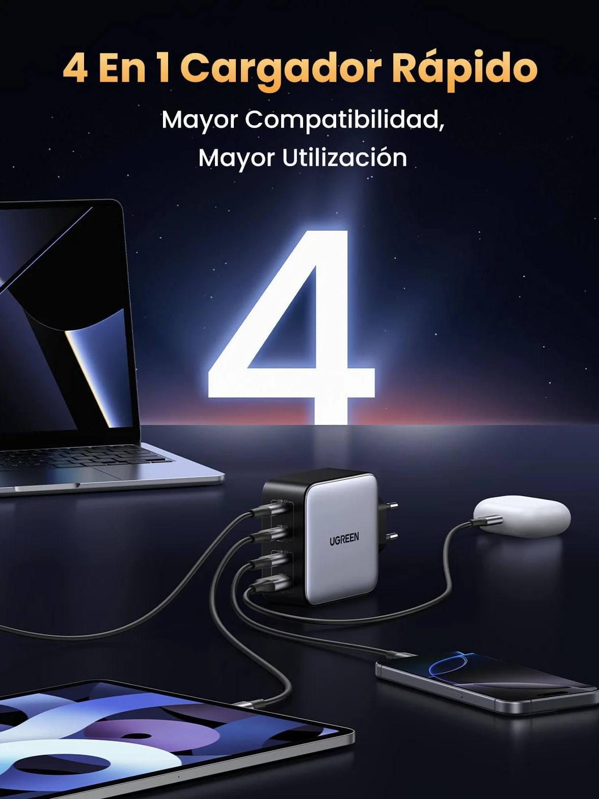 UGREEN Nexode 100W Cargador USB C Carga Rápida Multidispositivo con 4 Puertos Compatible con iPhone 17 Pro MAX Air 16 15 14 13 Galaxy S26 25 24 Pixel 10 Pro iPad MacBook M5 M4 Steam Deck
