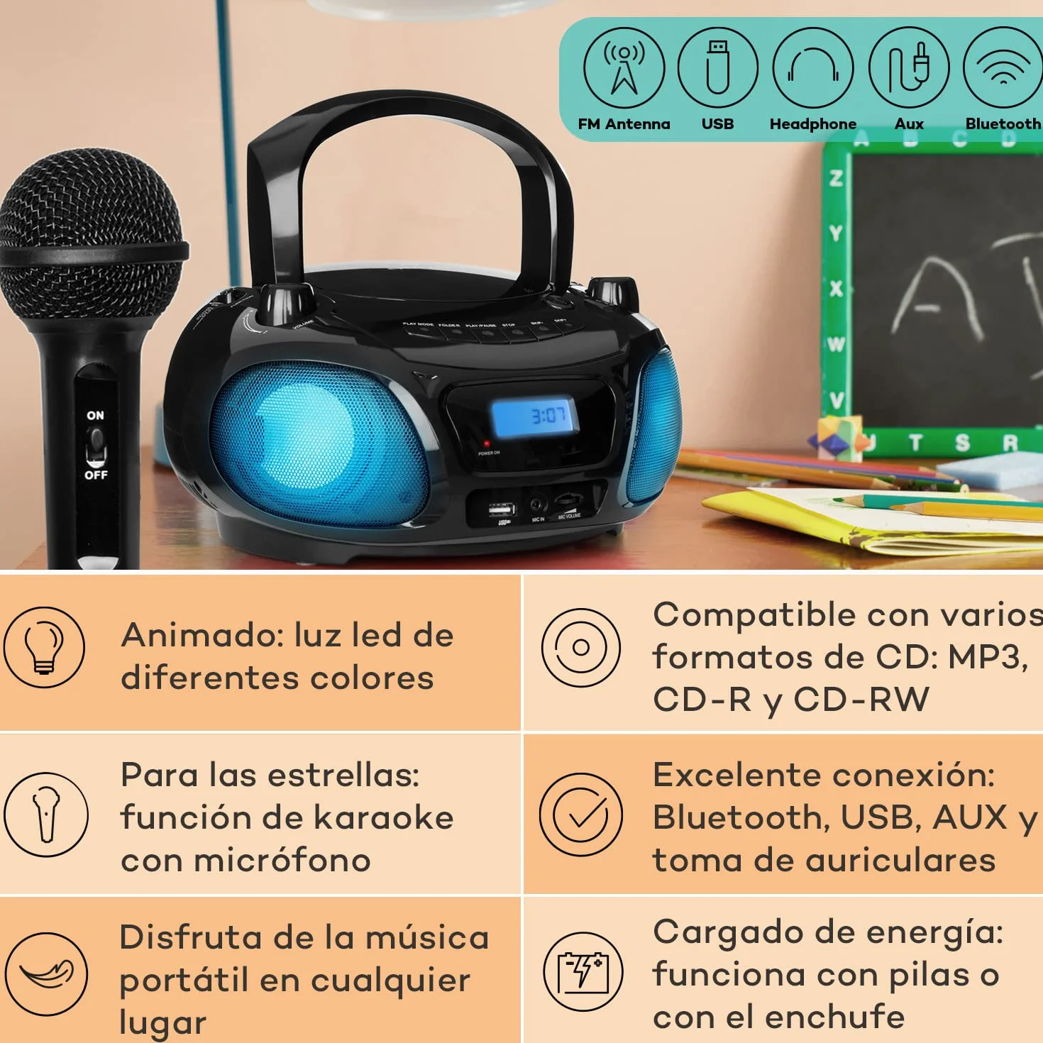 Auna Radio Portatil Pequeña con CD para Casa de 3W, Boombox FM+ Radio con Bluetooth + AUX Sonido Estéreo, Pantalla LED y Luces, con Asa, Transistores Radio Digital con USB, MP3, Carga Eléctrica