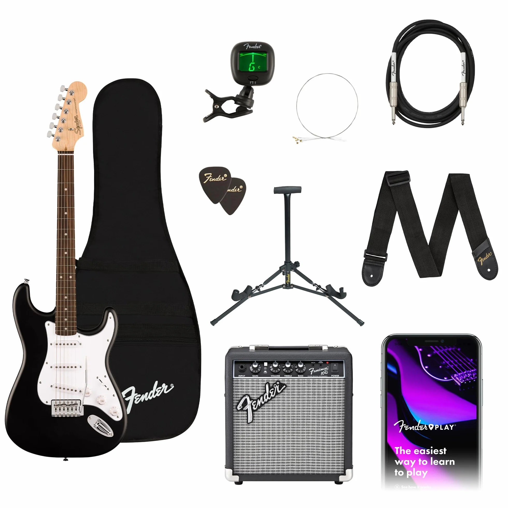 Una guitarra eléctrica Squier Stratocaster Serie Debut, amplificador Frontman 10G, funda acolchada, correa, cable, púas, soporte para guitarra, afinador de clip y un pack de cuerdas adicionales.