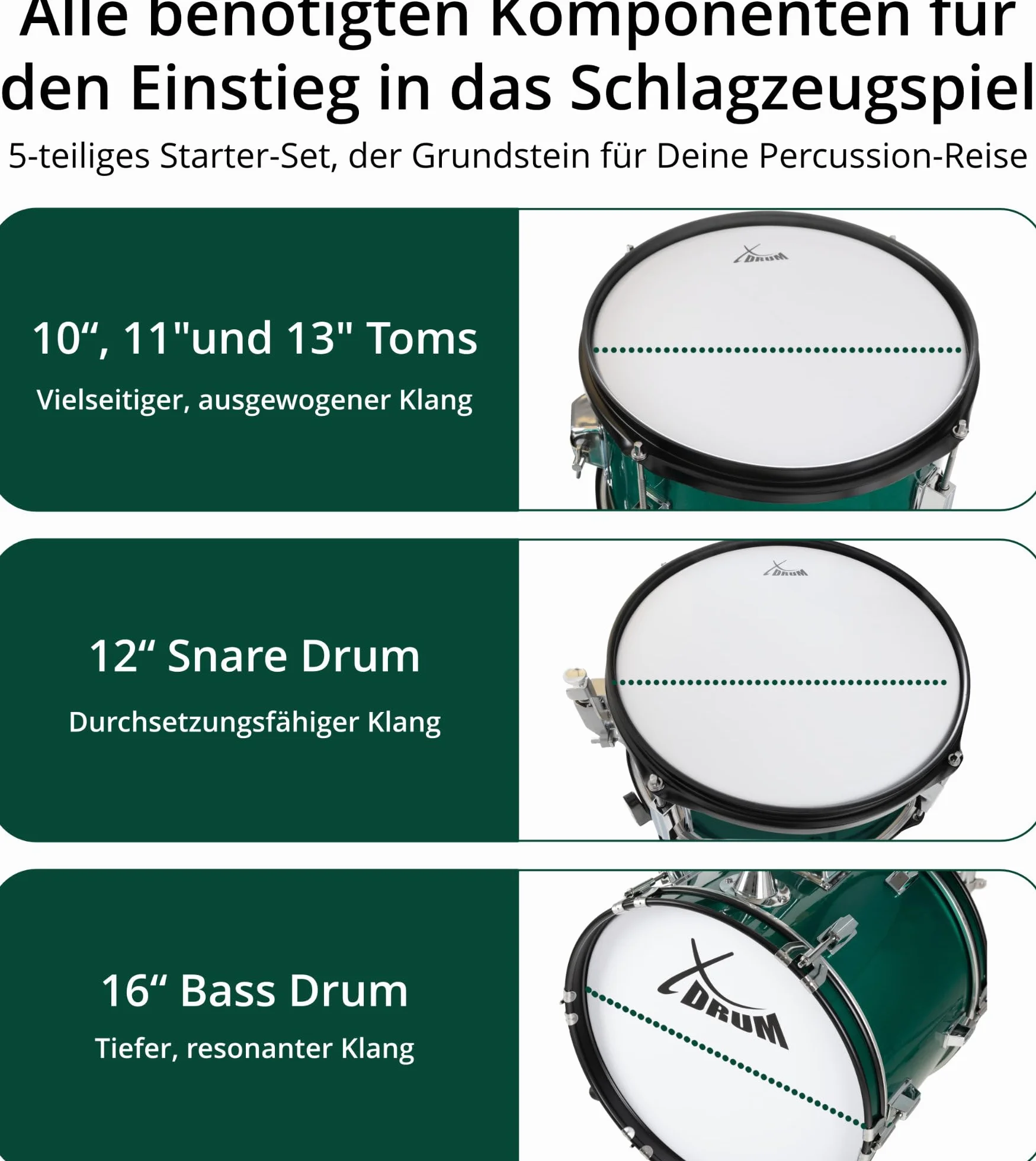 XDrum Junior Pro Batería Infantil Emerald Green Sparkle - adecuada de 5 a 9 años - Set de batería con accesorios completos - incl. escuela - verde