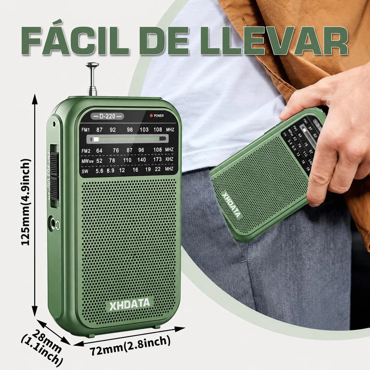 XHDATA D-220 Radio Portátil Pequeño FM AM SW Transistores Mini Radio de Bolsillo Verde
