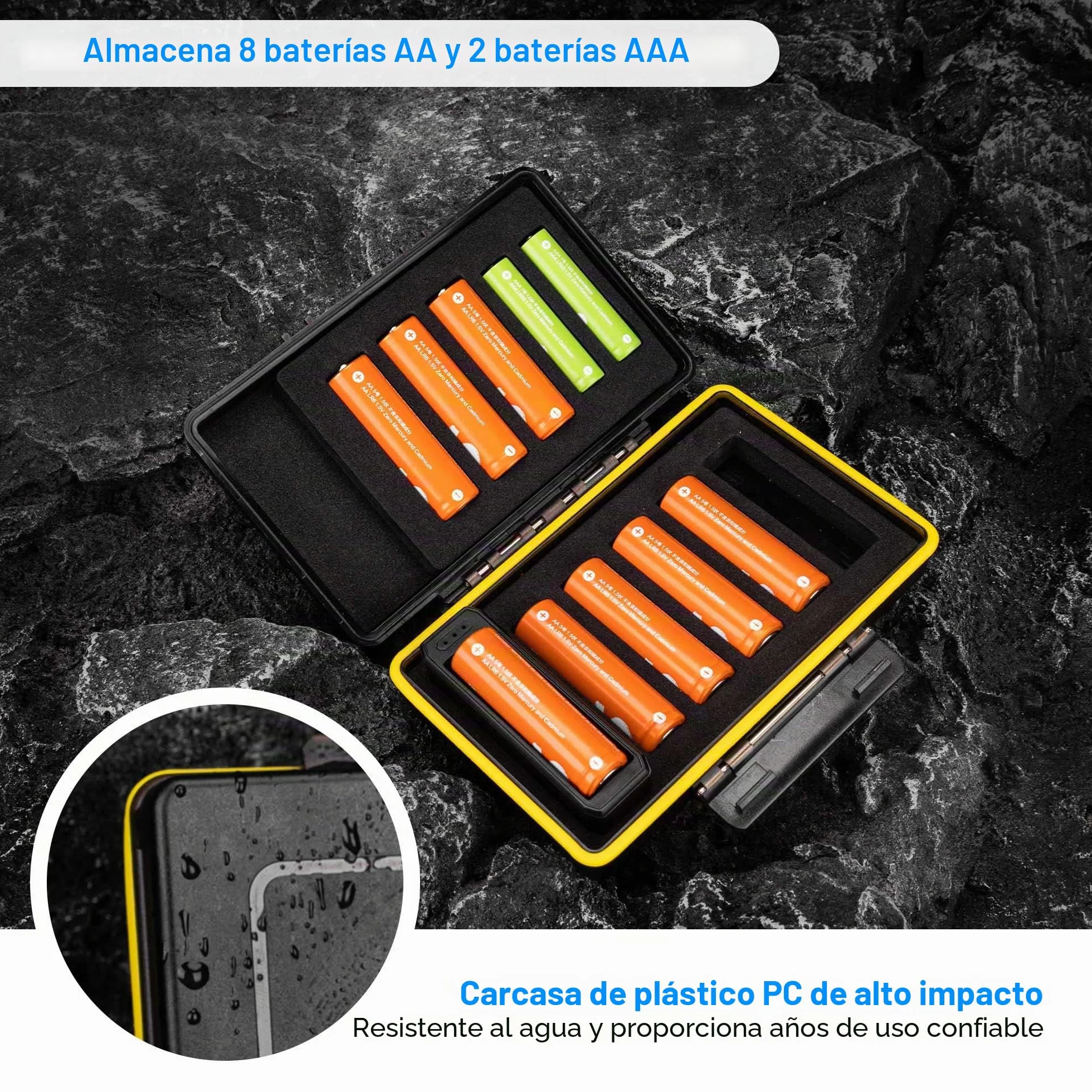 JJC - Funda de almacenamiento para pilas AAA AA con probador de pilas, portátil y resistente al agua con comprobador de pilas para 10 pilas AAA AA