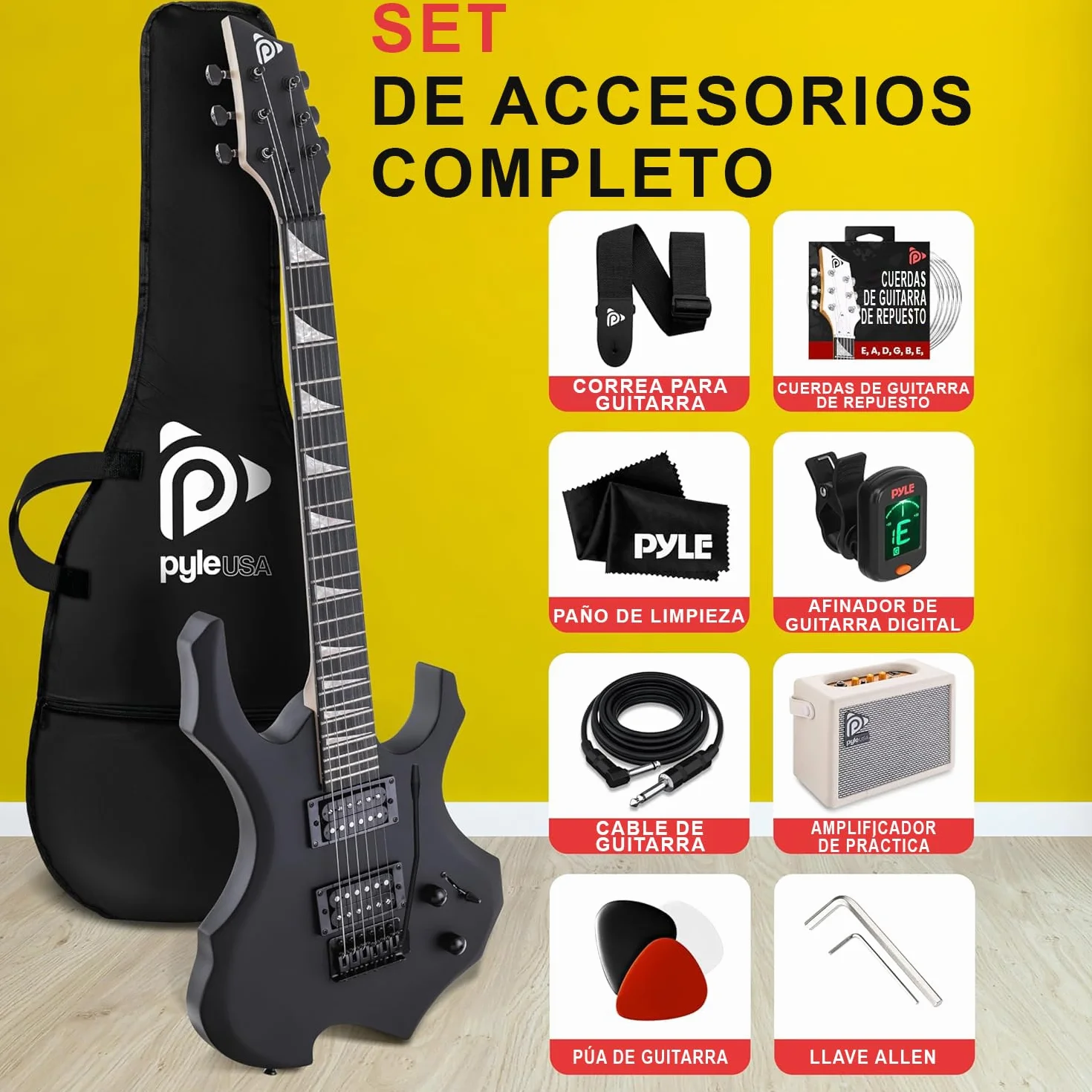 Pyle kit de guitarra electrica, Heavy metal, Tipo Hacha, Con amplificador, tamaño completo, Accesorios