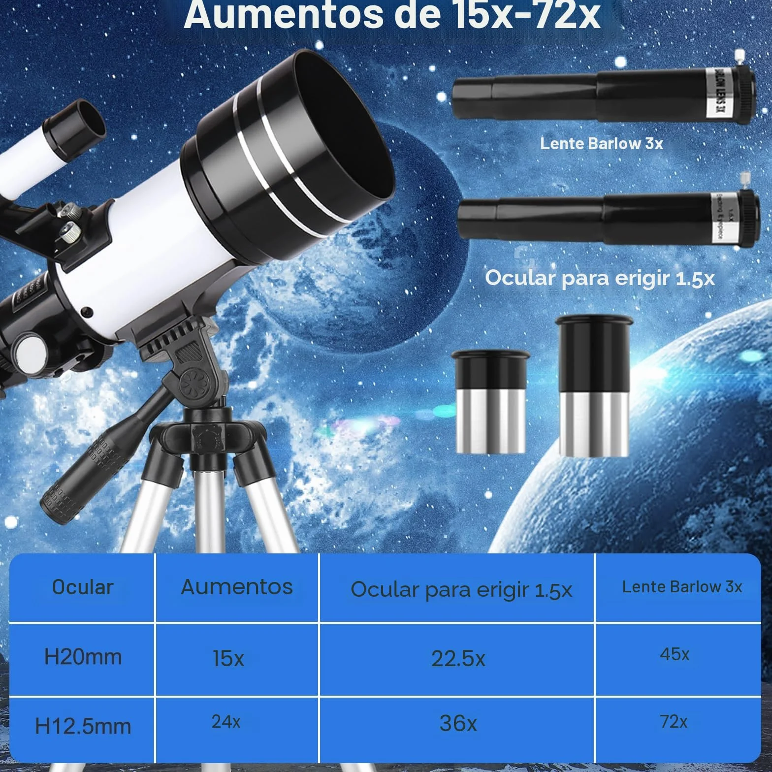 Telescopio 70mm Apertura 300mm Refractor para Adultos Principiantes Astronomía con Trípode