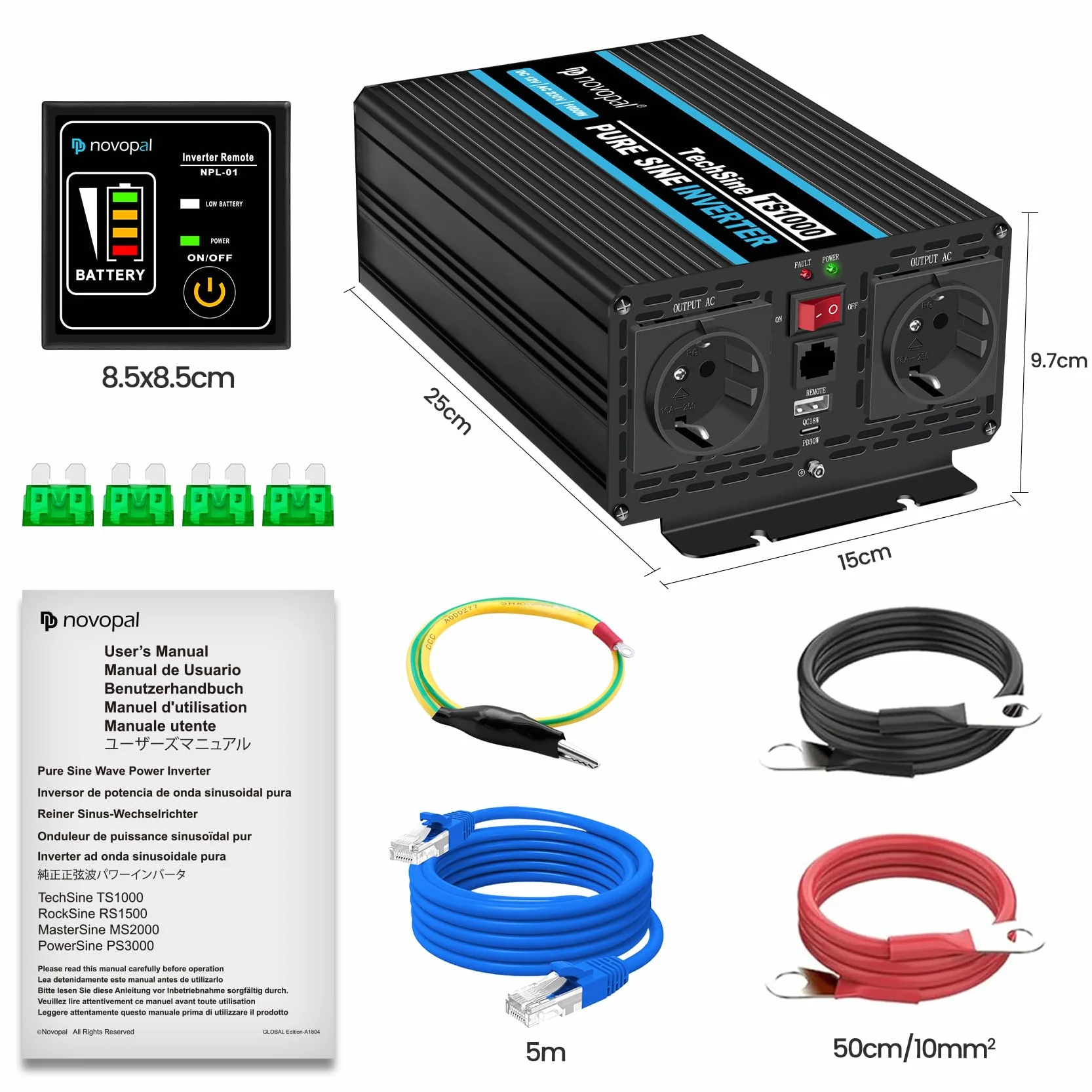 NOVOPAL 1000W Inversor de Corriente Onda Pura DC 12v a 220v 230v 5M Mando a Distancia Convertidor de Coche con 2 USB Puerto,enchufes EU para Coche/Caravana/Camión