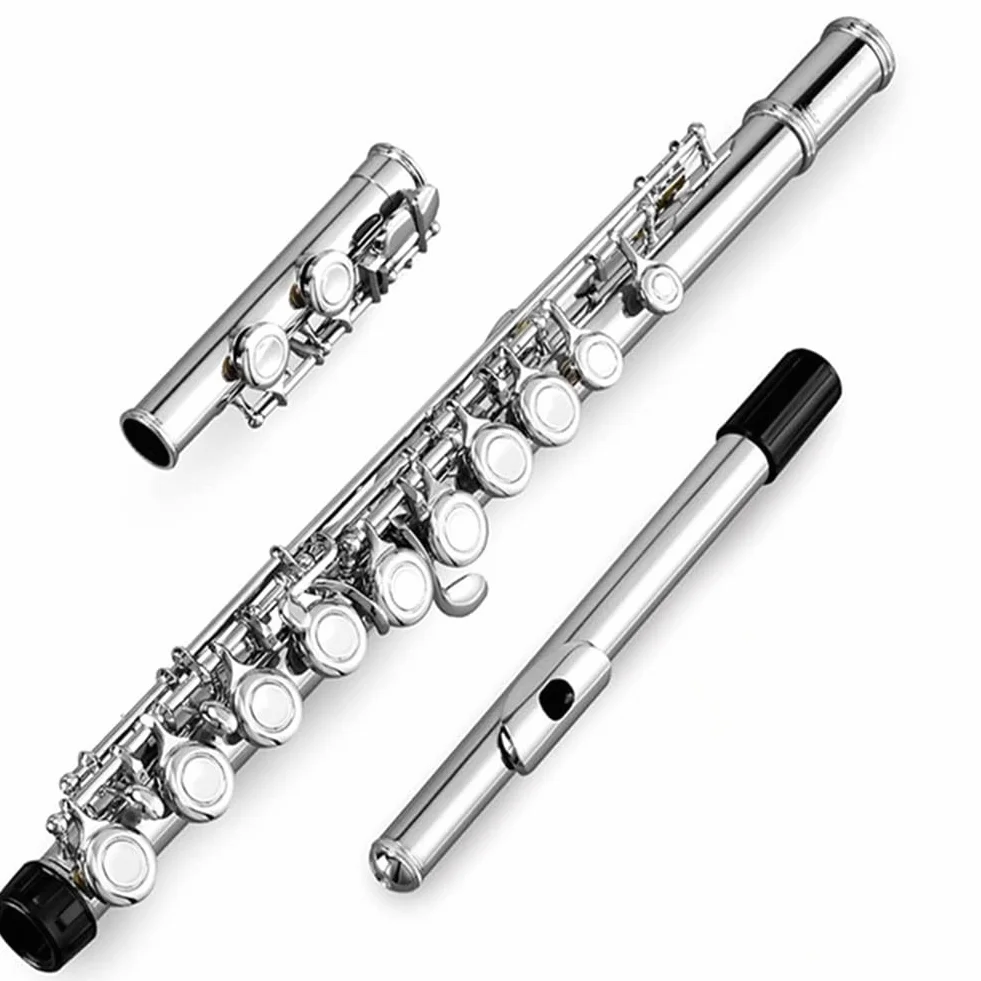 16 Agujeros Abiertos Cerrados Llave C Flauta Transversal Profesional Instrumento Musical de Concierto con Caja Paño de Limpieza Guantes de