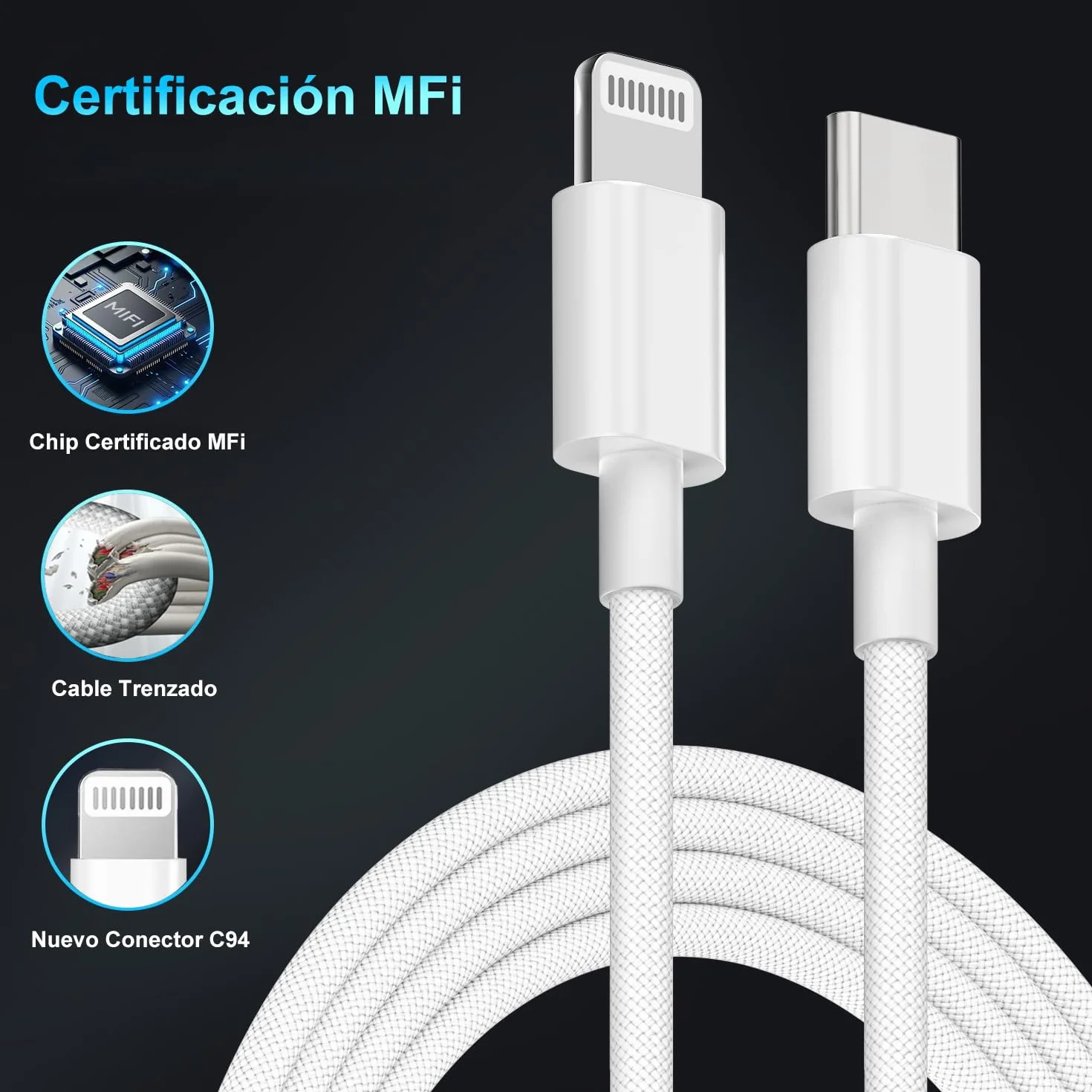 Cargador Carga Rápida 25W USB-C para iPhone 14/13/12/11/Pro MAX Plus Mini SE XR X XS, Cable Lightning 1m Certificado Apple MFi