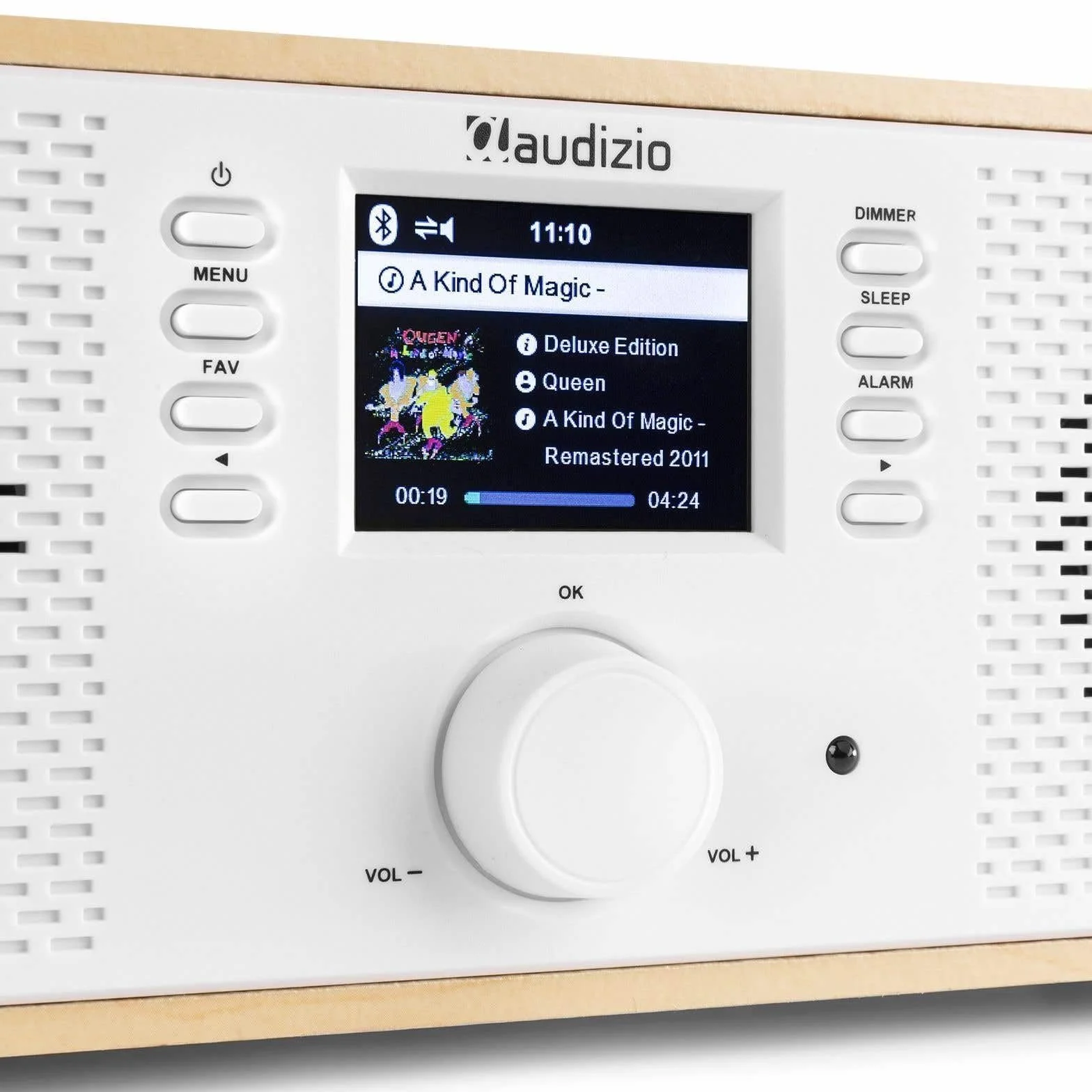 Audizio Rimini - Radio por Internet WiFi con Bluetooth y Spotify Connect, Sonido estéreo de 50W, Salida de Auriculares, Entrada AUX, Ideal para Cocina, salón o Oficina, Acabado Madera Clara y Blanco