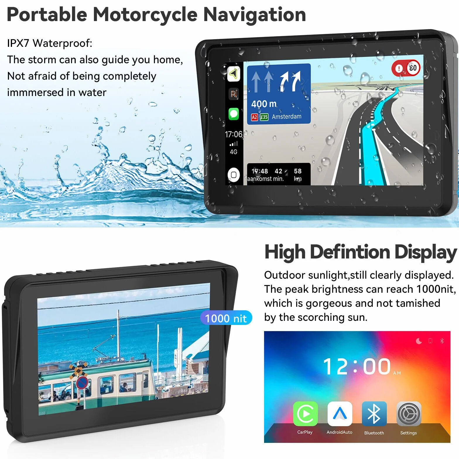 Carplay de Motocicleta y Android Auto, Euakee Carplay con Pantalla Táctil Impermeable de 5 Pulgadas, Sistema de Navegación GPS Inalámbrico Portátil para Motocicleta, Soportes de Montaje Incluidos