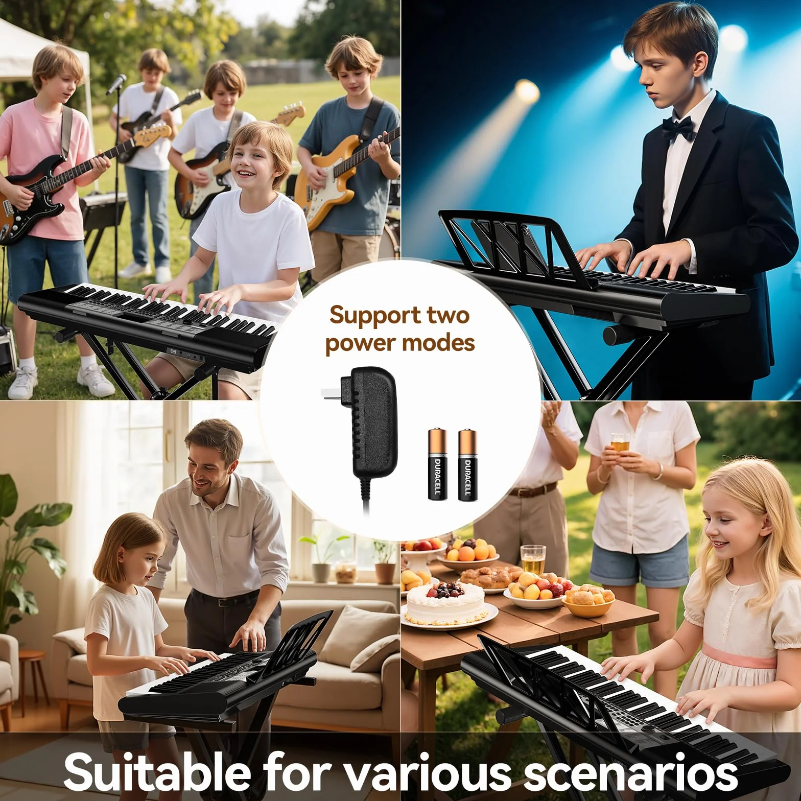 TERENCE piano digital 61 teclas, doble sistema de audio HiFi y panel multifunción 51 LED, interfaz modo doble teclado doble alimentación adaptador batería puertos de audio Pro