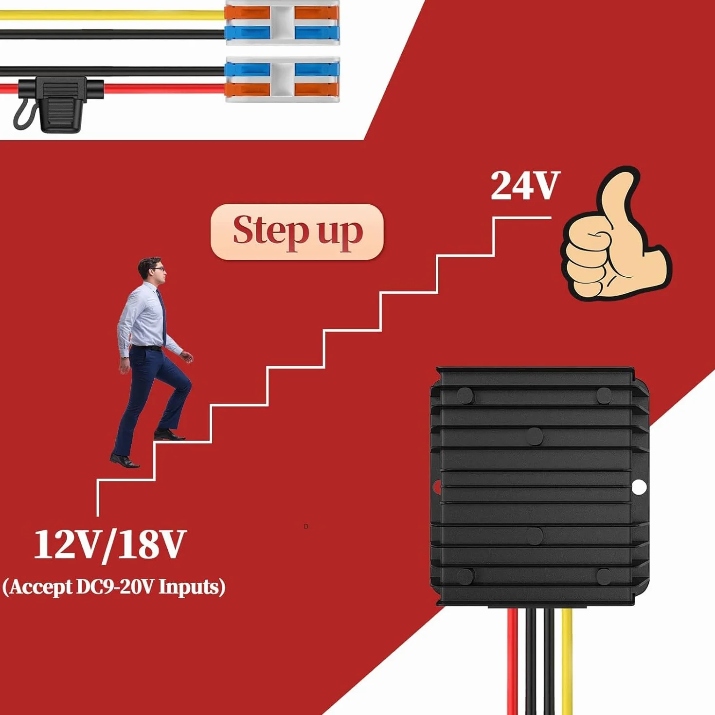 12V a 24V Step up Converter, Convertidor Transformador 15A 360W Convertidor 12v a 24v con Fusible Impermeable Y Bloque de Terminal Rápido, DC DC Converter para Carrito Golf (Acepta entradas DC9-20V)