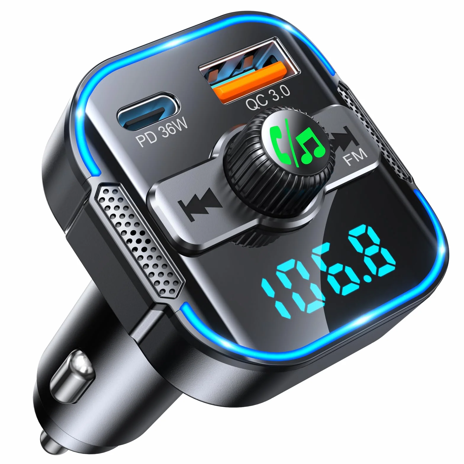 Glangeh 2026 Transmisor FM Bluetooth 5.3 Coche【PD 36W + QC 18W】, 2 en 1 【Micrófonos Duales】 Receptor Bluetooth y Cargador Rápido, Kit Manos Libres Coche Bluetooth, Asistente Siri/Musica