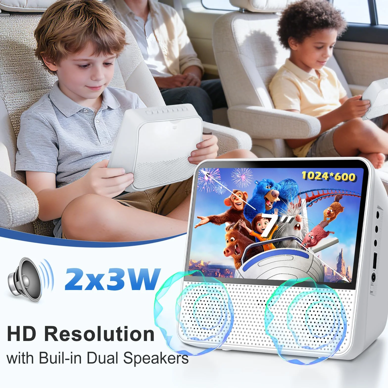 Reproductor DVD Portátil Bluetooth 4000mAh Recargable Región Libre para Coche con Altavoces Dobles Compatible CD USB