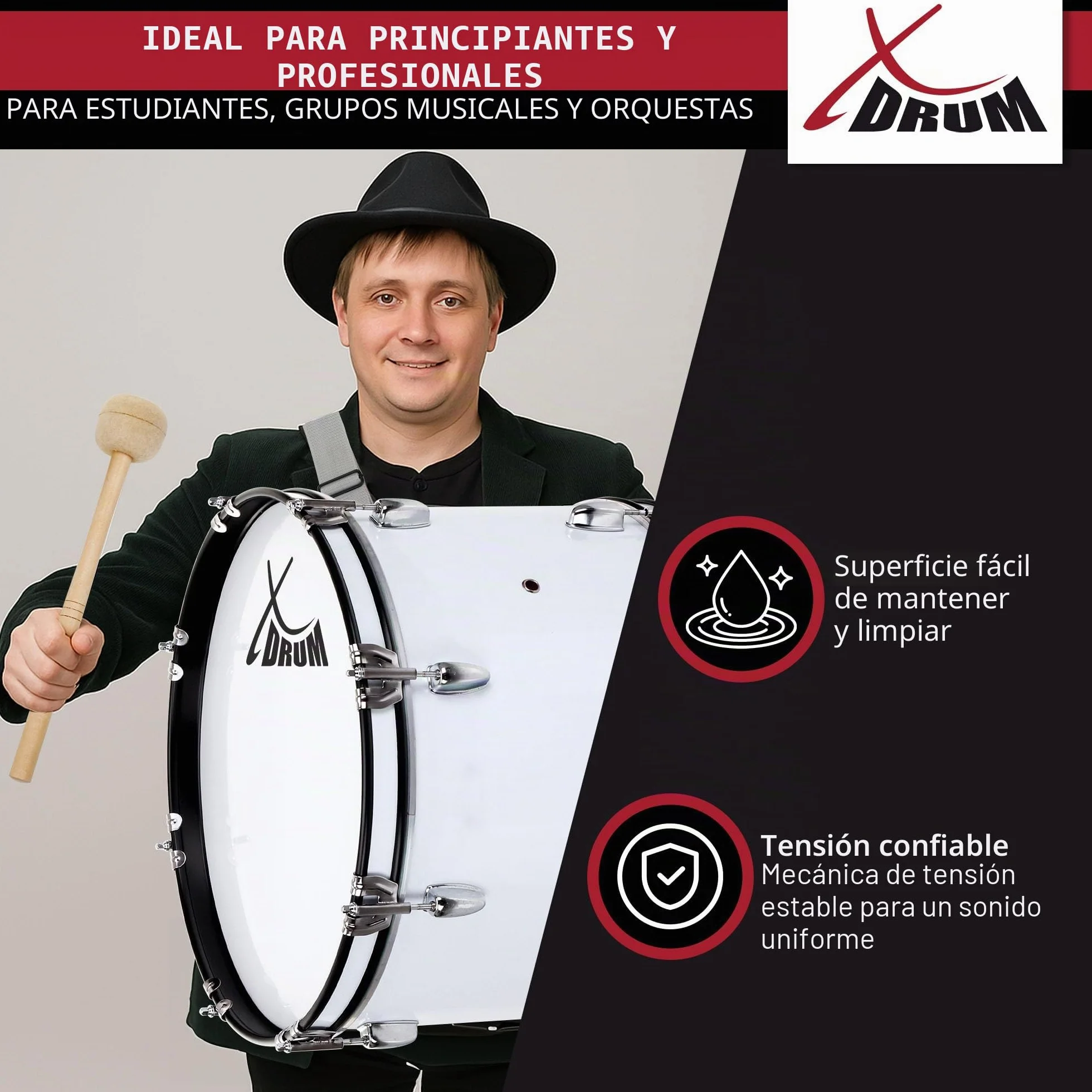 XDrum MBD-218 Tambor de marcha 18x12" - Bombo grande, 6,5 kg; 4 anillas de sujeción; 8 tornillos de tensión por lado; incluye mazas, correas, llave de afinación; blanco