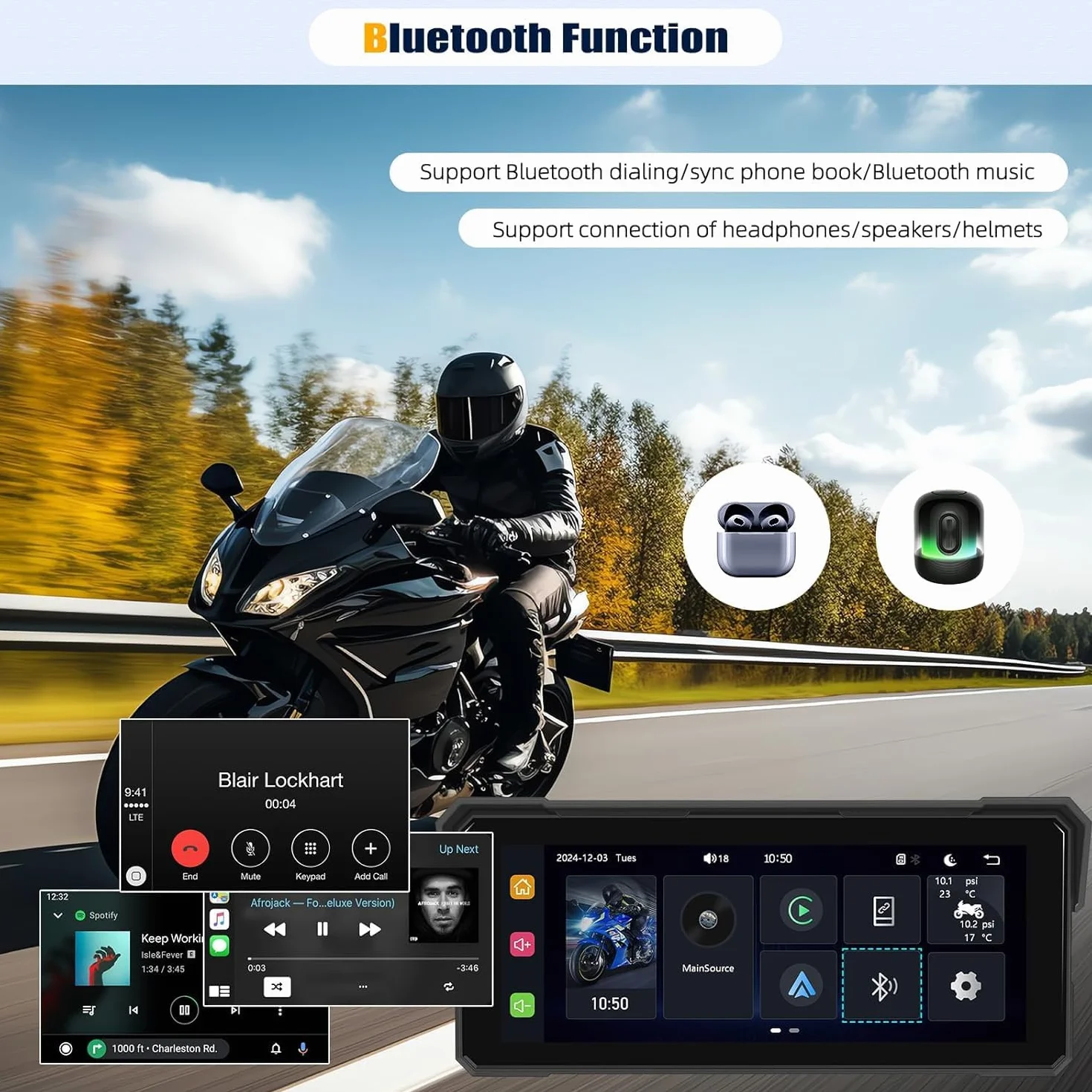 SIXTOP CarPlay Moto con CarPlay y Android Auto Inalámbricos, Pantalla Táctil Impermeable de 8,1 Pulgadas,IP68 Waterproof, Audio Bluetooth, Navegación GPS Moto con Ecualizador, Siri
