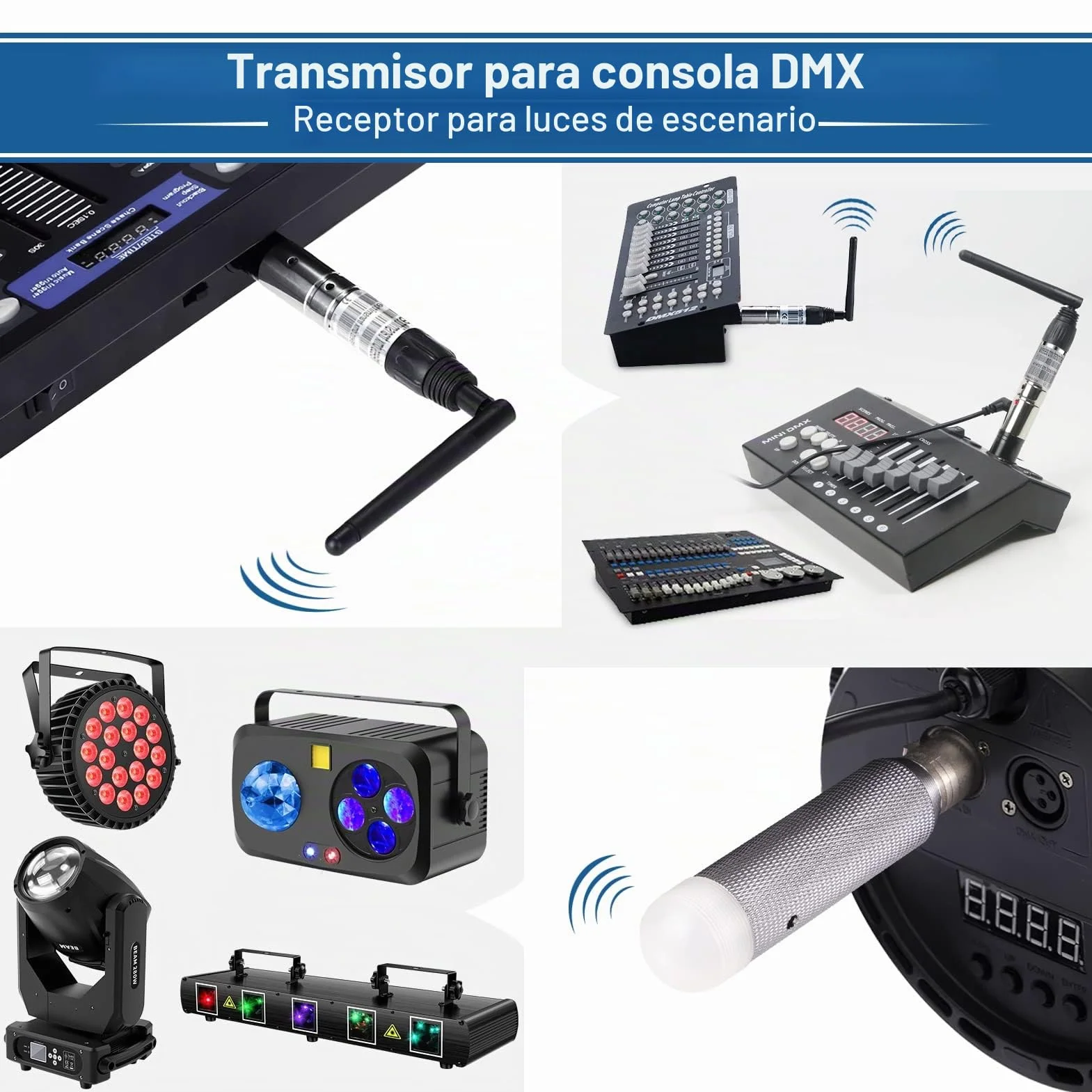 Pack de 1 transmisor inalámbrico DMX512 y 3 unidades recargables DMX512 receptor inalámbrico 2.4G ISM DMX controlador macho y hembra para la iluminación de escenario LED