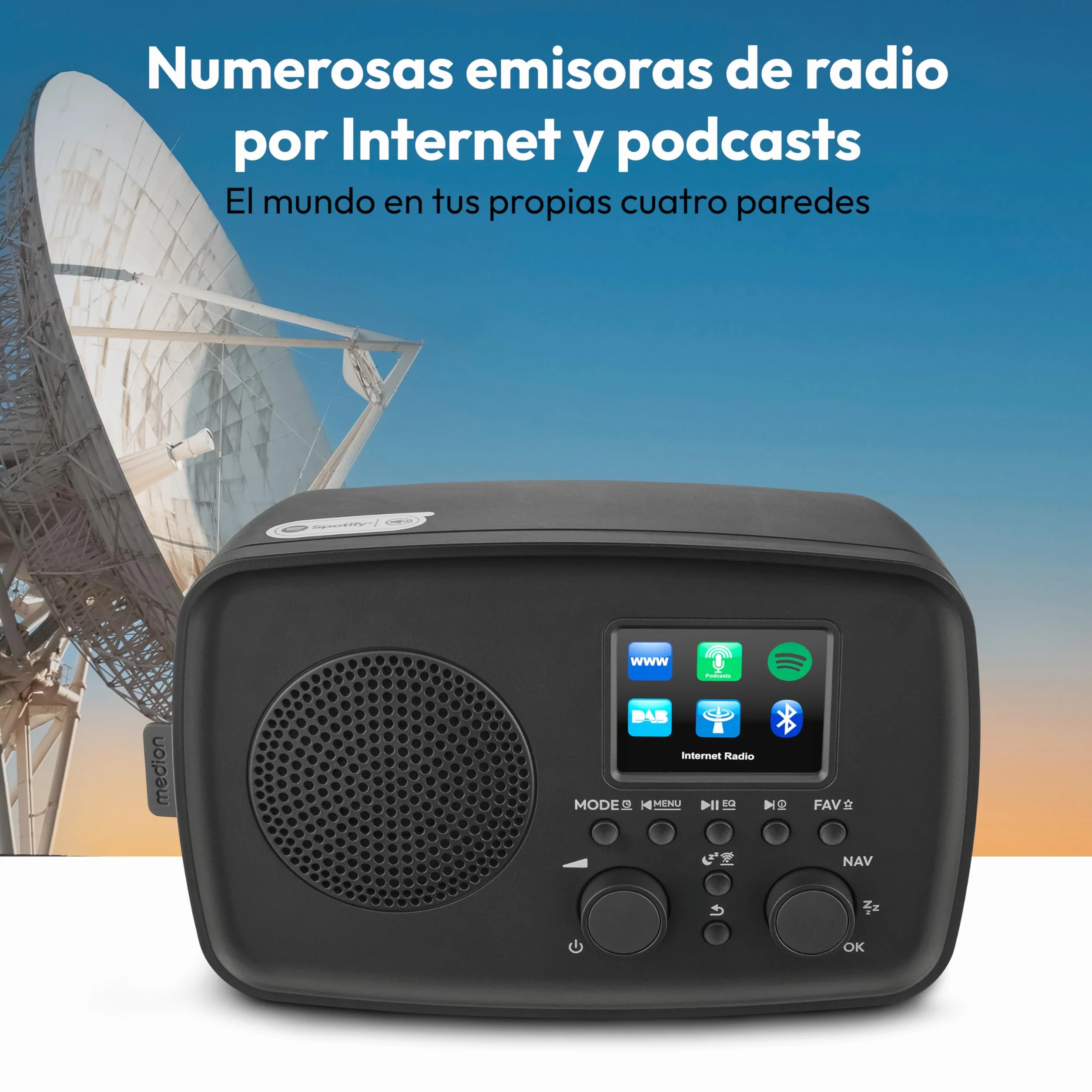 MEDION Radio por Internet con Dab+ IRE-1 (Dab+, Wi-Fi, FM, Bluetooth, protección contra Salpicaduras, Antena telescópica, Spotify Connect, Alarma, dimmer) Negro