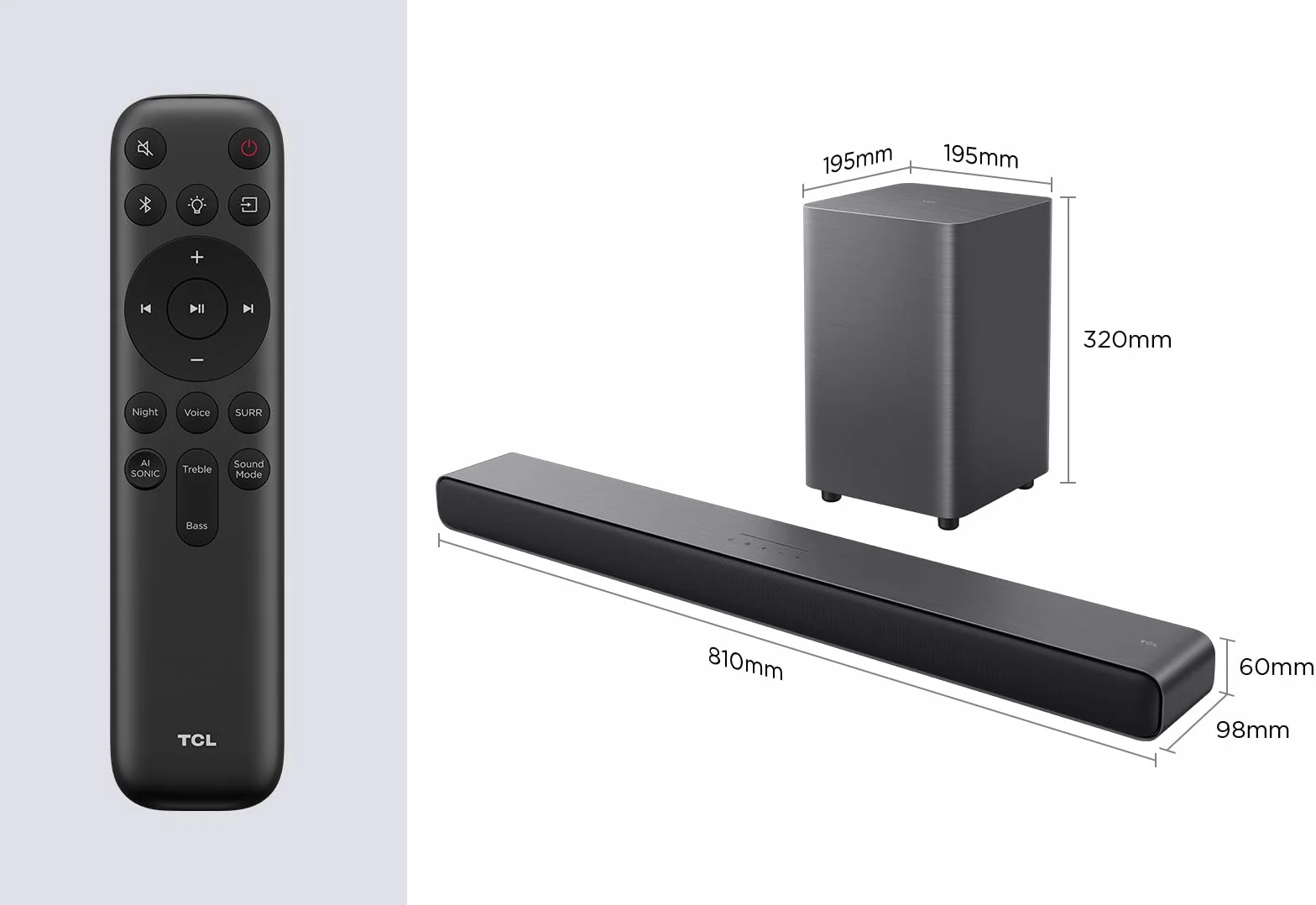 TCL S55HE Barra de Sonido 2.1 220W Subwoofer Inalámbrico Dolby Atmos DTS Virtual:X HDMI eARC Bluetooth 5.3