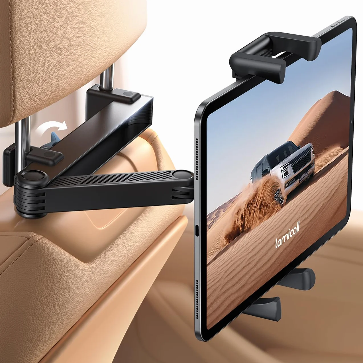 Lamicall Soporte Tablet Coche - [Plegable Clip Silicona Ancho] [Brazo Metálico] Soporte Tablet Reposacabezas Plegable, 360° Rotación, para iPad Pro, Air, Mini 6 5 4 3, Tab, Otros 6,1-13" Dispositivo