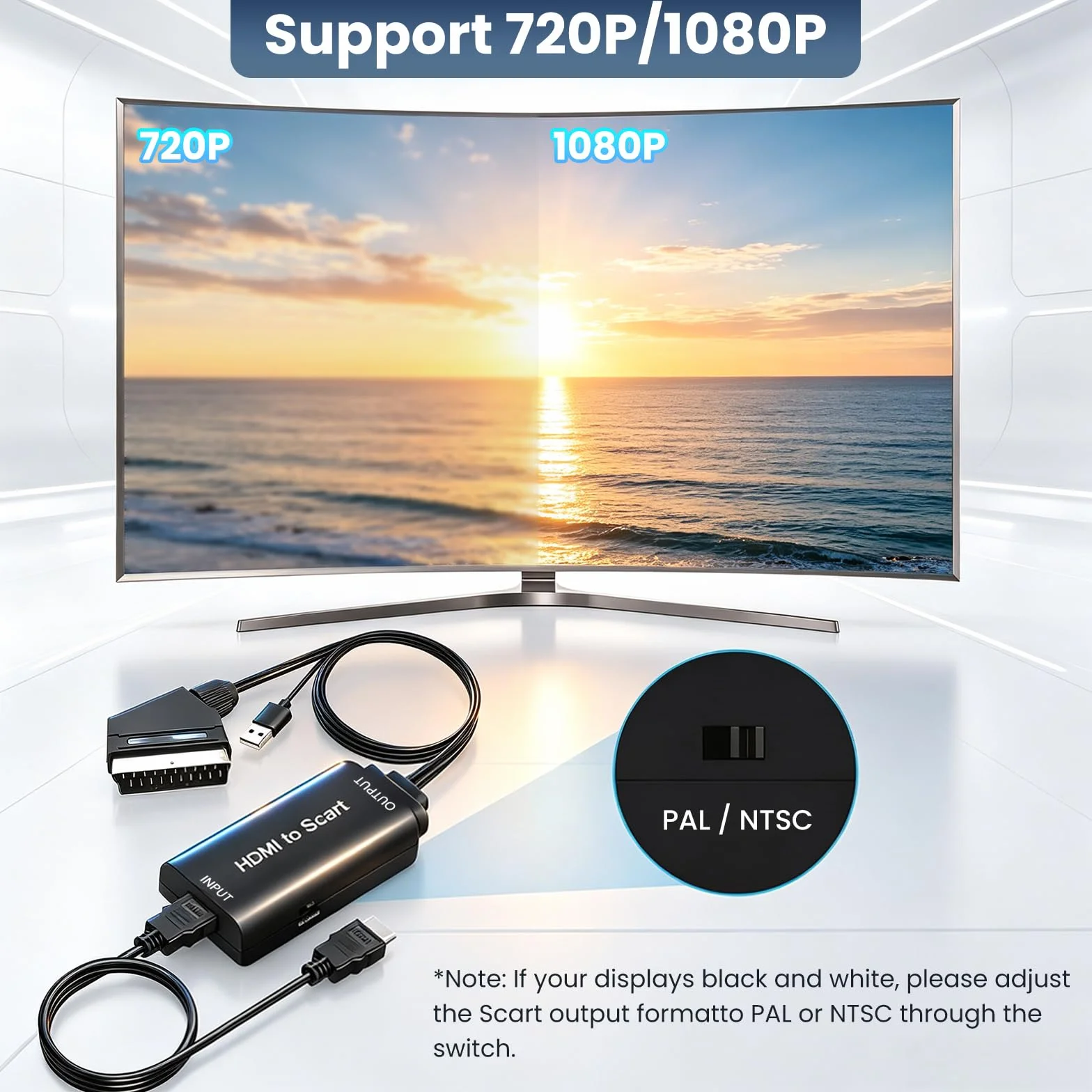 AMANKA HDMI a SCART Convertidor,1080P Adaptador HDMI a Euroconector Soporte Scaler HD Vídeo Compuesto Adaptador de Audio Estéreo CVBS Señal para Sky HD BLU Ray DVD TV PS3