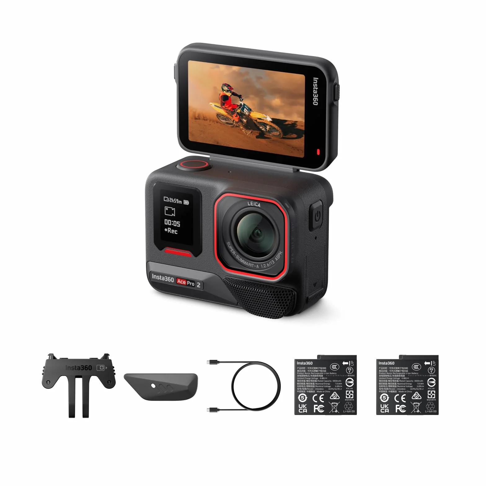 Insta360 Ace Pro 2 Paquete de batería Dual estándar Cámara de acción Impermeable 8K co-diseñada con Leica Sensor 1/1.3" Chip AI Dual Poca luz Pantalla abatible